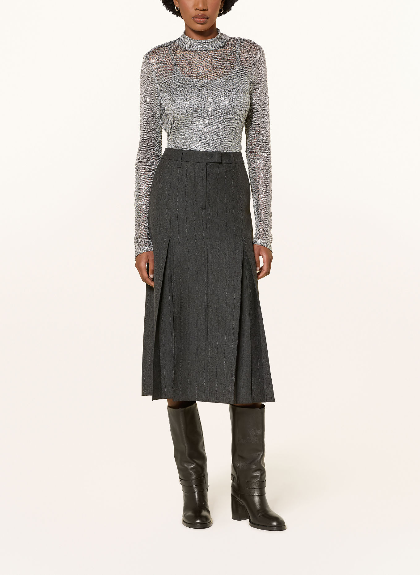 RIANI Longsleeve aus Mesh mit Pailletten: GRAU / SILBER
