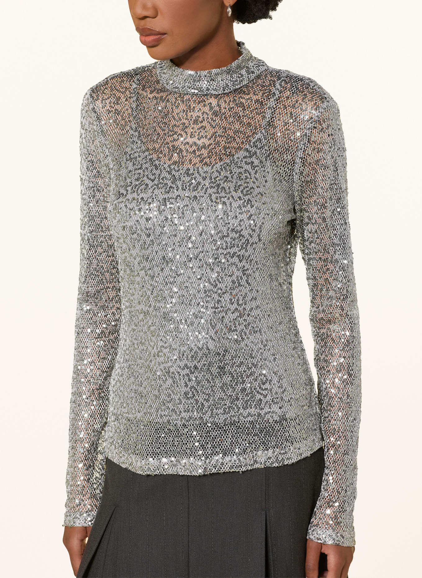 RIANI Longsleeve aus Mesh mit Pailletten: GRAU / SILBER