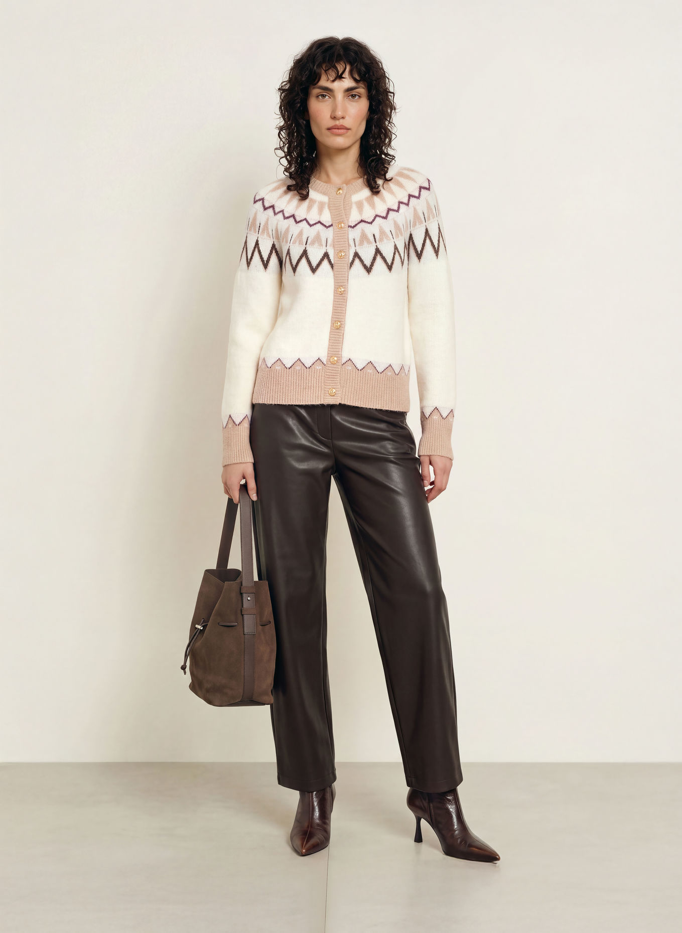 SoSUE Cardigan with Alpaca: CREAM / DARK BROWN / BEIGE