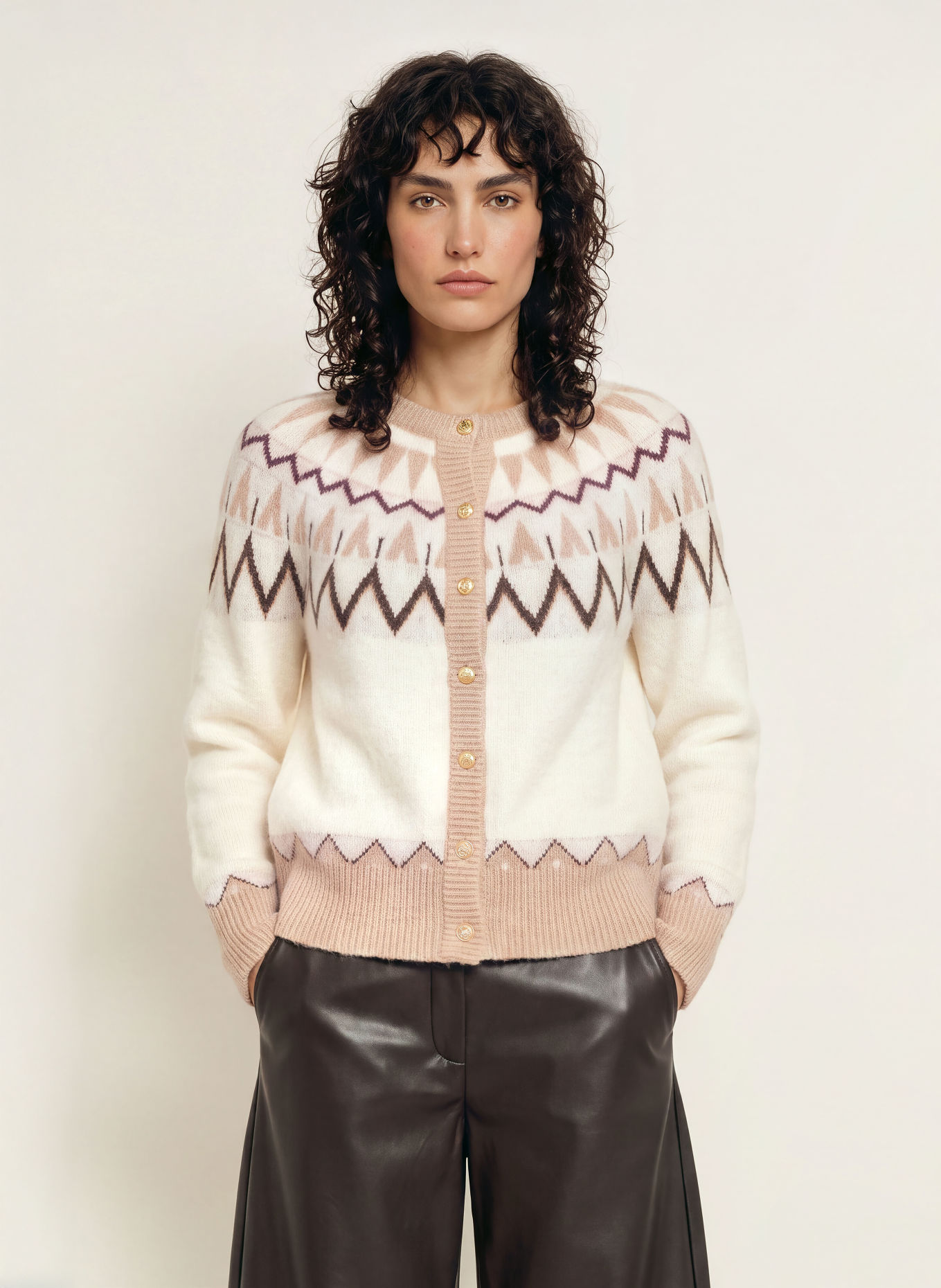 SoSUE Cardigan with Alpaca: CREAM / DARK BROWN / BEIGE