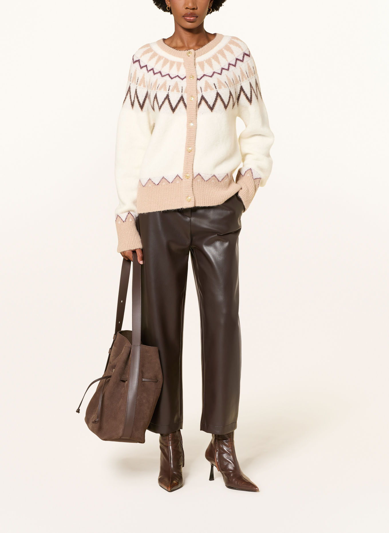 SoSUE Cardigan with Alpaca: CREAM / DARK BROWN / BEIGE