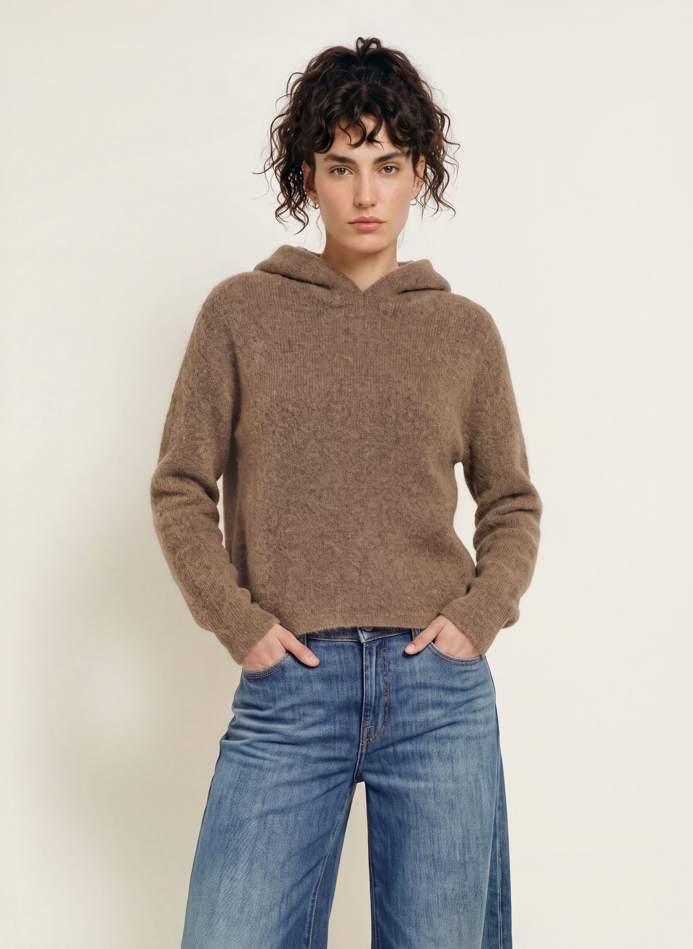 SoSUE Knitted Hoodie with Alpaca: TAUPE