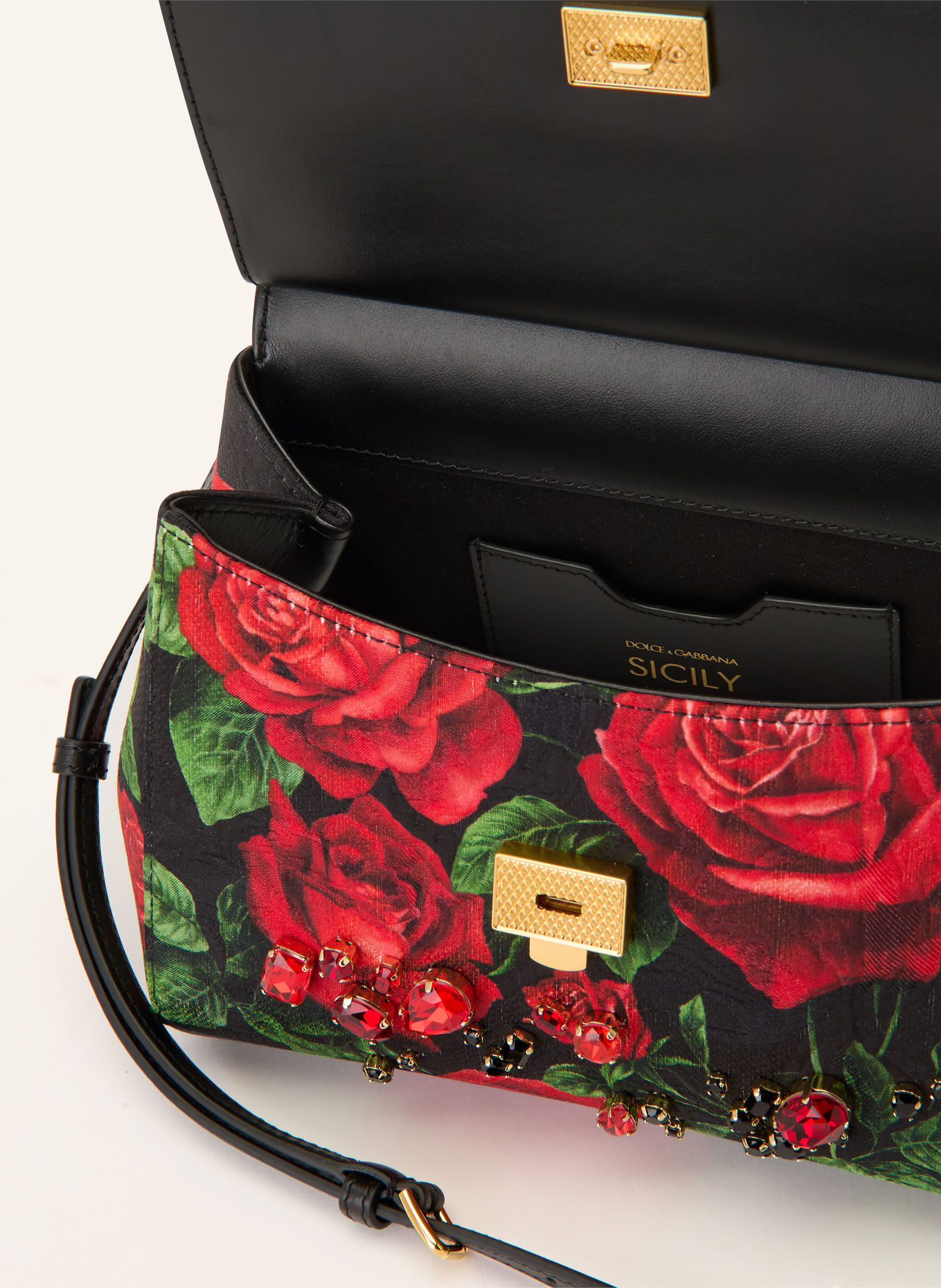 DOLCE & GABBANA Kabelka SICILY s ozdobnými kamínky: TMAVĚ ČERVENÁ / ZELENÁ / ČERNÁ