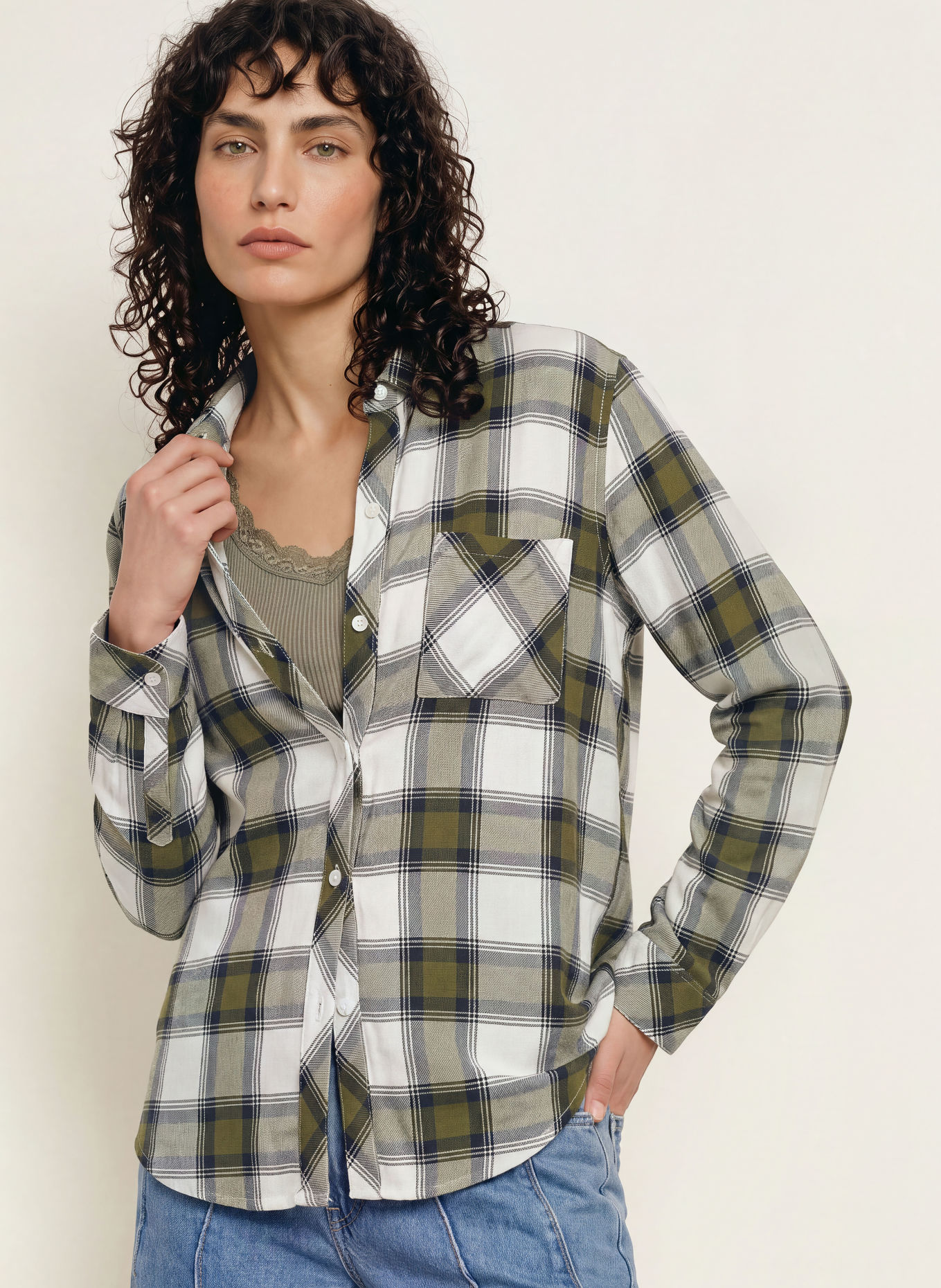 Rails Overhemdblouse: OLIJF / DONKERGROEN / WIT