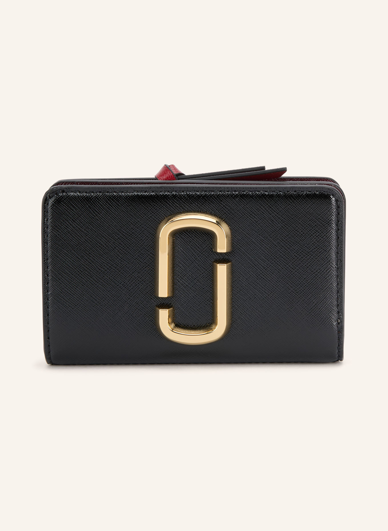 MARC JACOBS Saffiano-portemonnee THE SNAPSHOT COMPACT WALLET: ZWART / GOUD / DONKERROOD