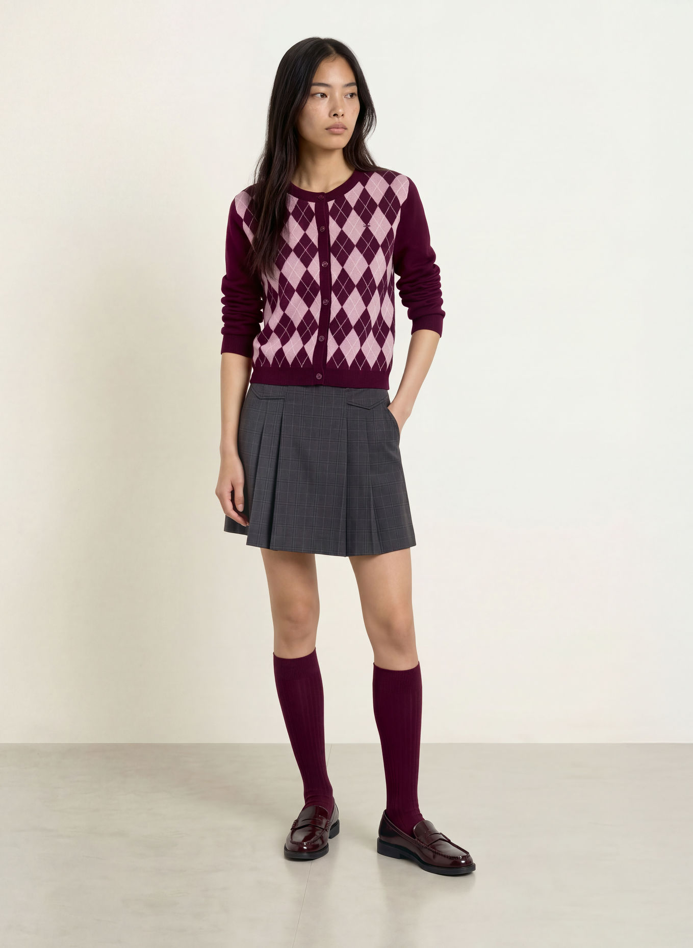 TOMMY JEANS Cardigan: MOV ÎNCHIS / ROZ / ALB