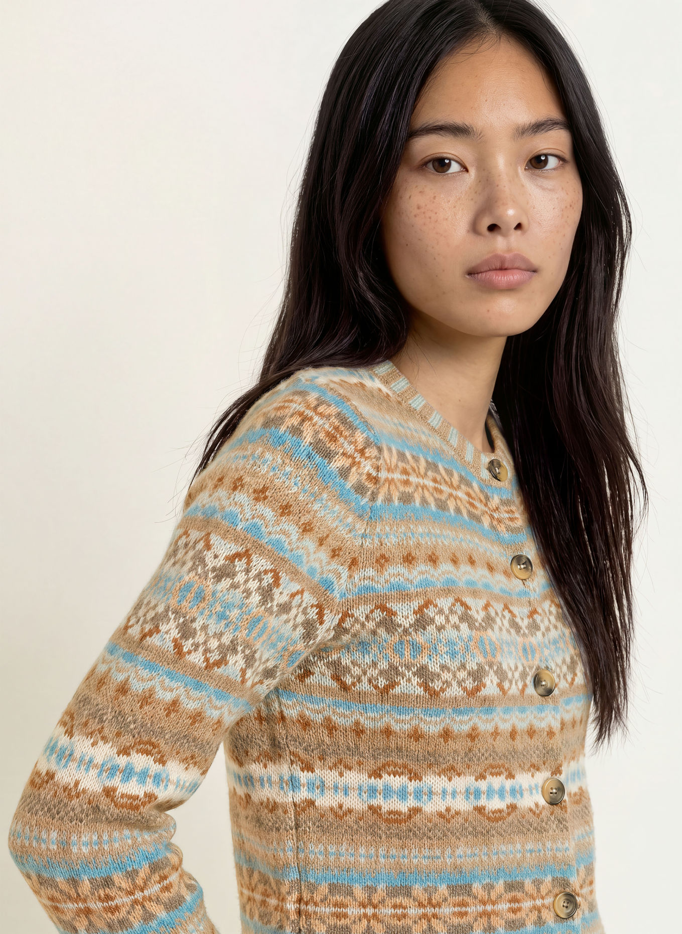ERIBÉ Strickjacke KINOROSS: BEIGE / BRAUN / HELLBLAU