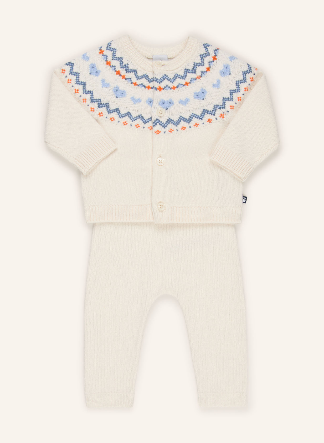 PETIT BATEAU Set: Strickjacke und Strickhose: CREME / ORANGE / BLAU