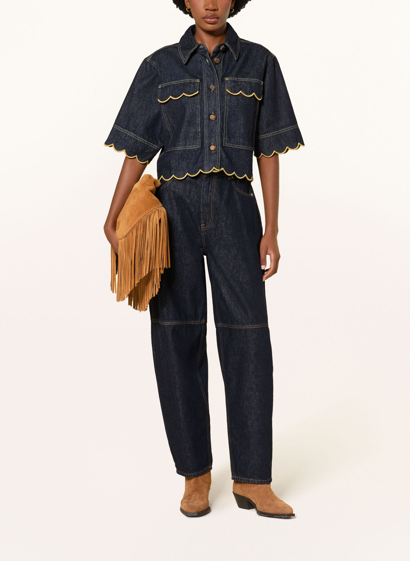 FARM RIO Denim blouse: DARK BLUE / LIGHT BROWN