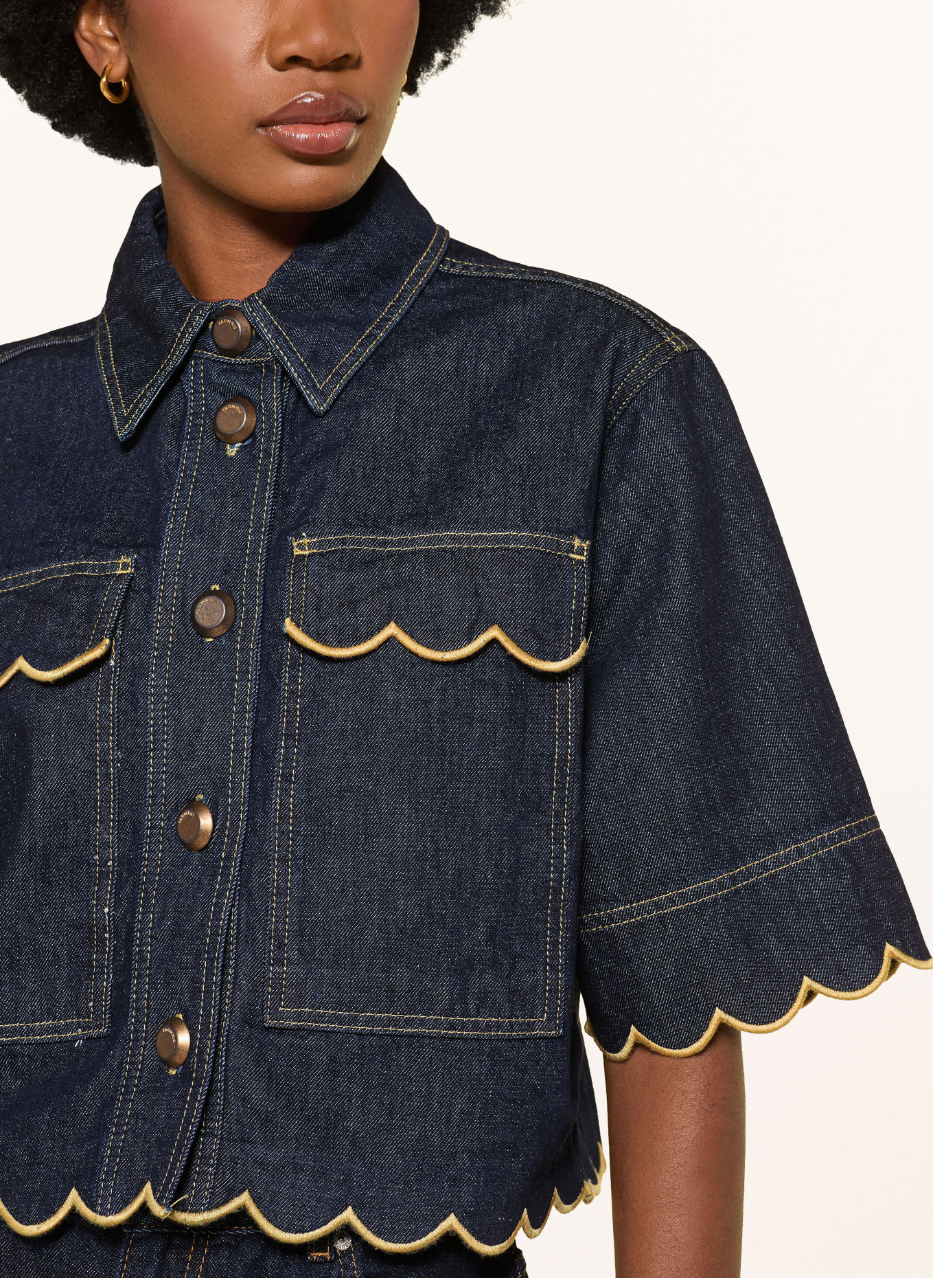 FARM RIO Denim blouse: DARK BLUE / LIGHT BROWN