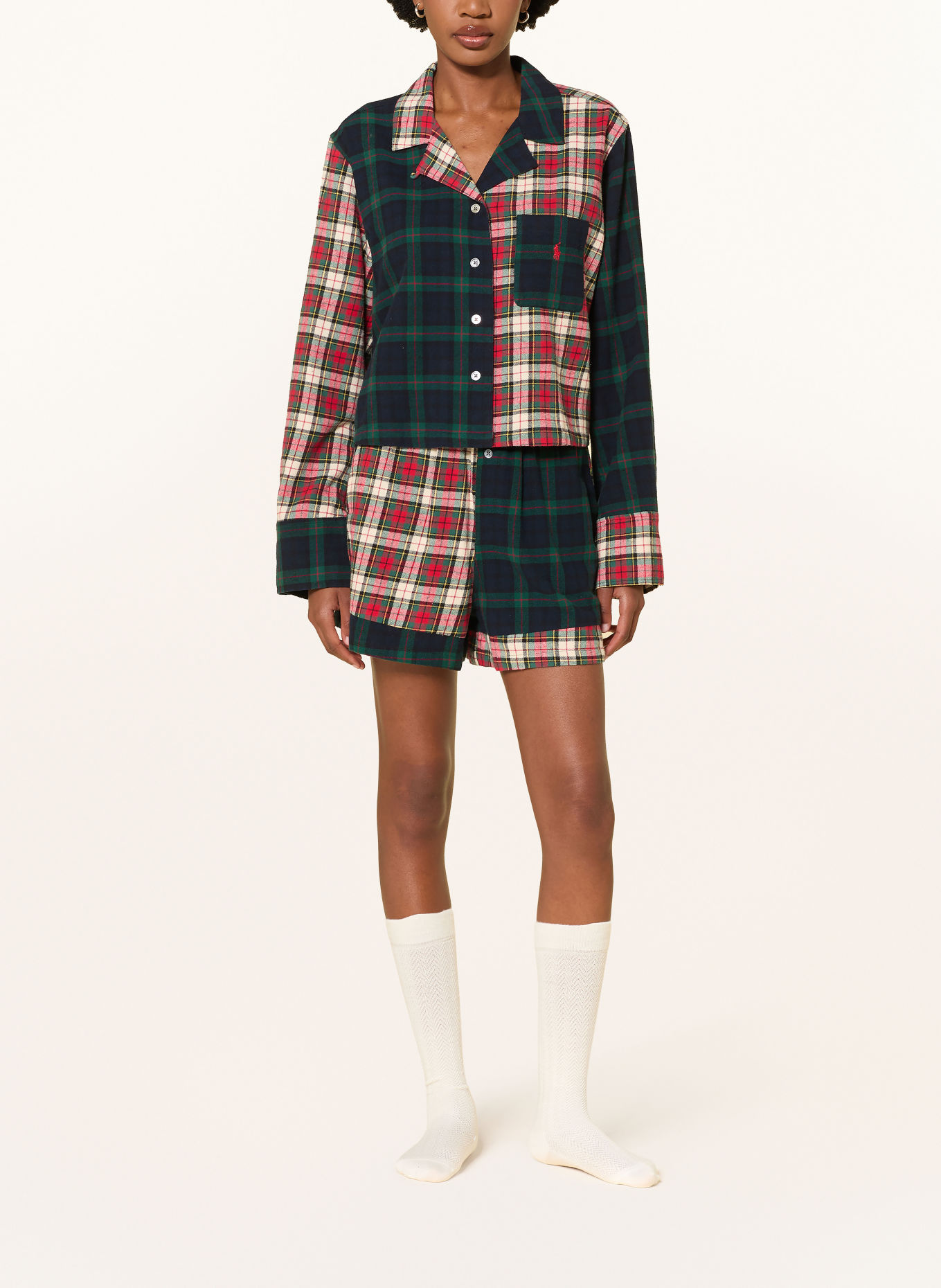 POLO RALPH LAUREN Shorty-pyjama van flanel: DONKERBLAUW / CRÈME / ROOD