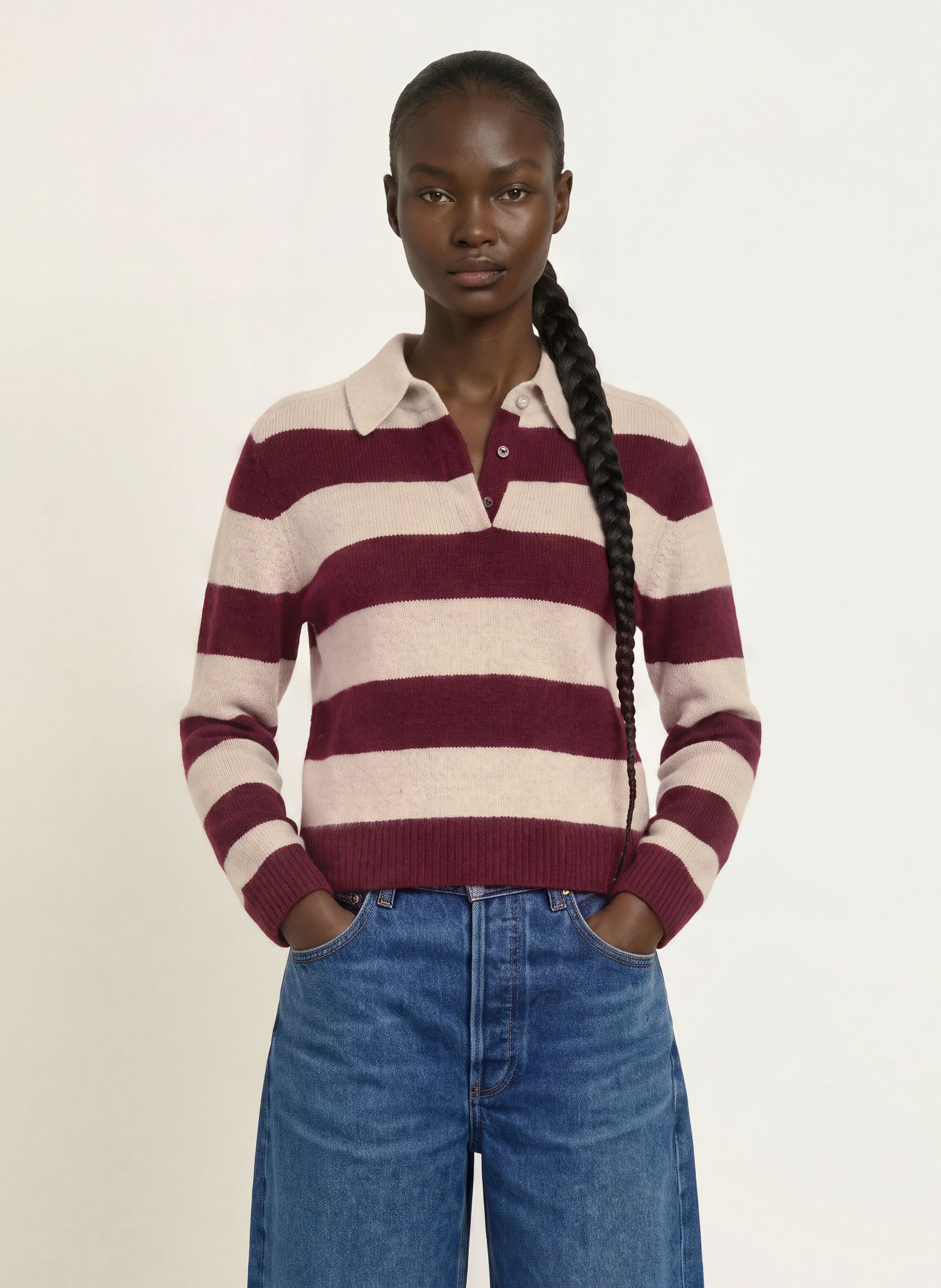 KUJTEN Gebreid poloshirt ROYCE van kasjmier: DONKERROOD / BEIGE