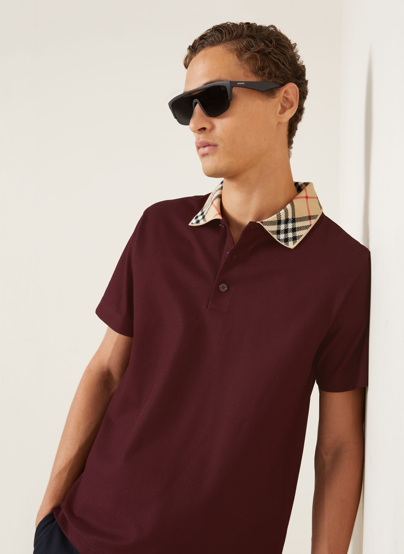 BURBERRY Polokošile z piké EVAN: TMAVĚ ČERVENÁ / ČERVENÁ / ČERNÁ