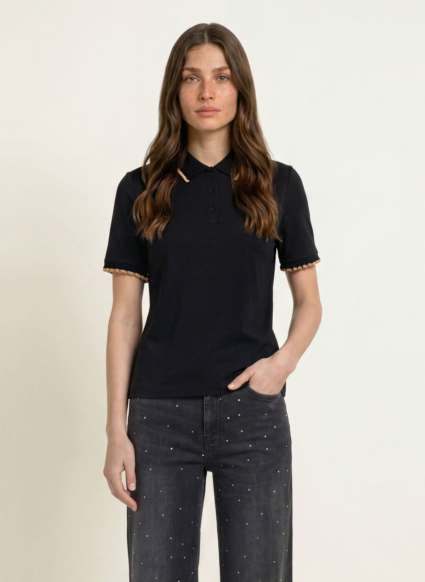 MARC CAIN Polo en jersey à volants: 900 black new