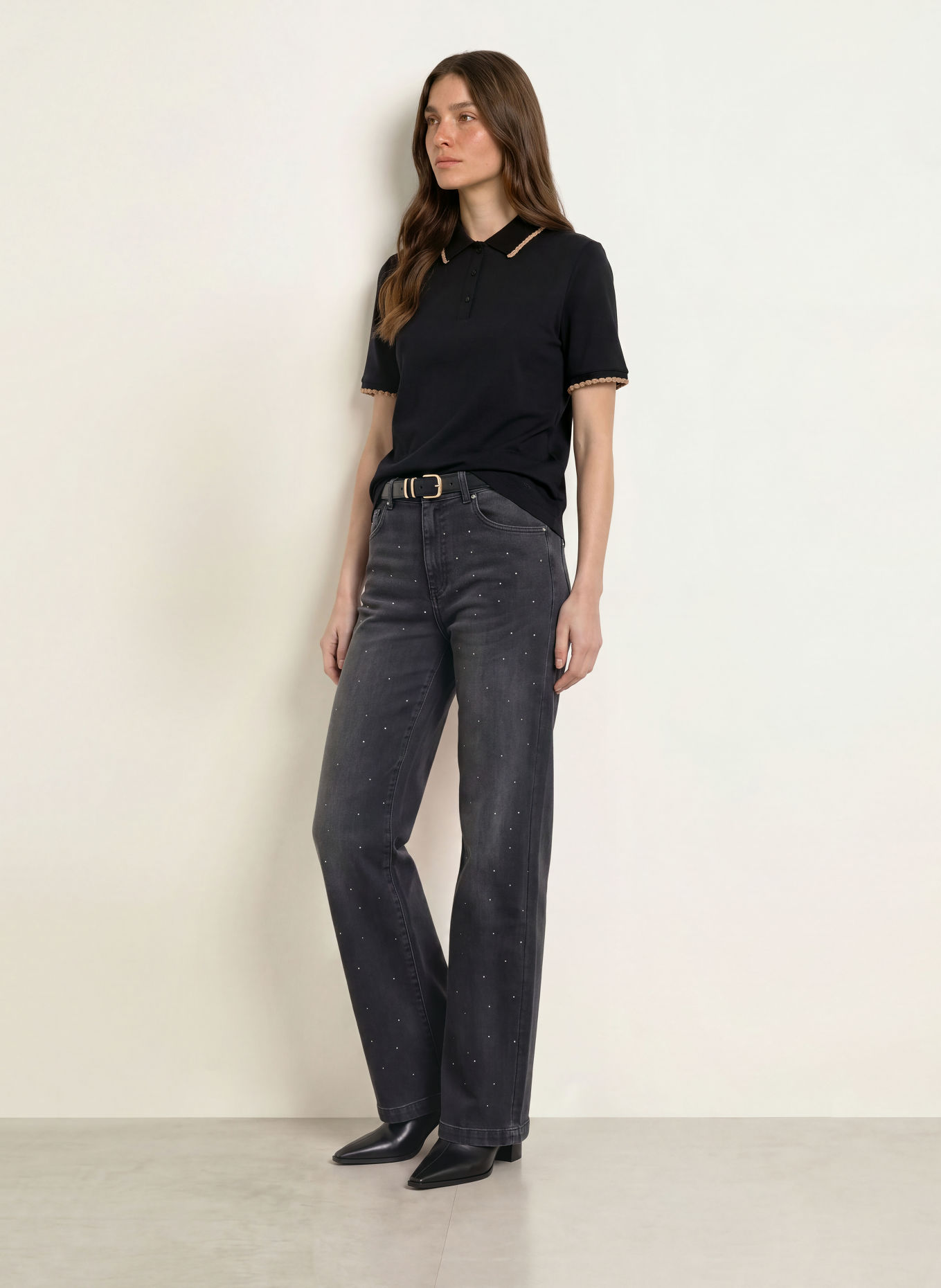 MARC CAIN Polo en jersey à volants: 900 black new