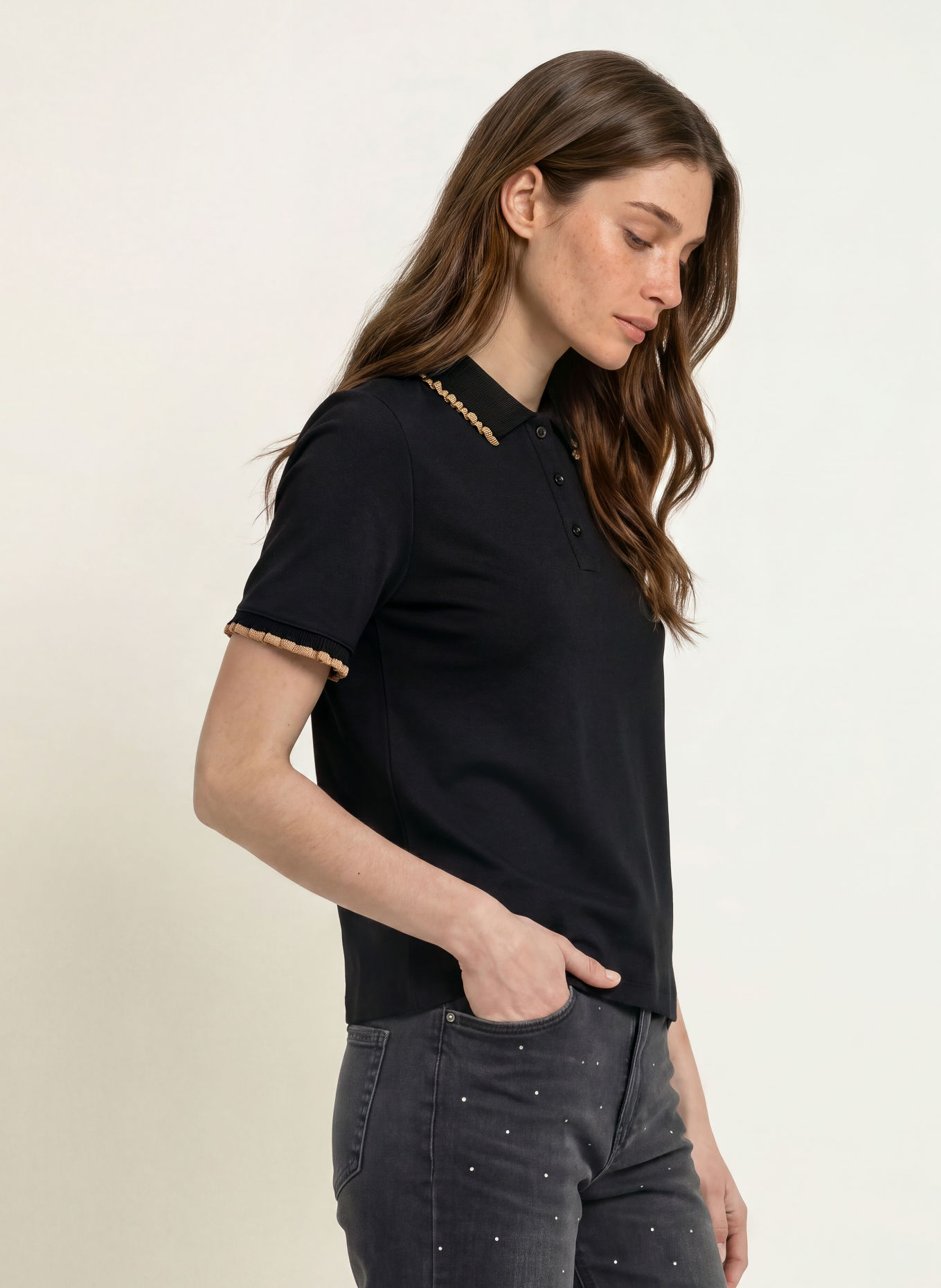 MARC CAIN Polo en jersey à volants: 900 black new