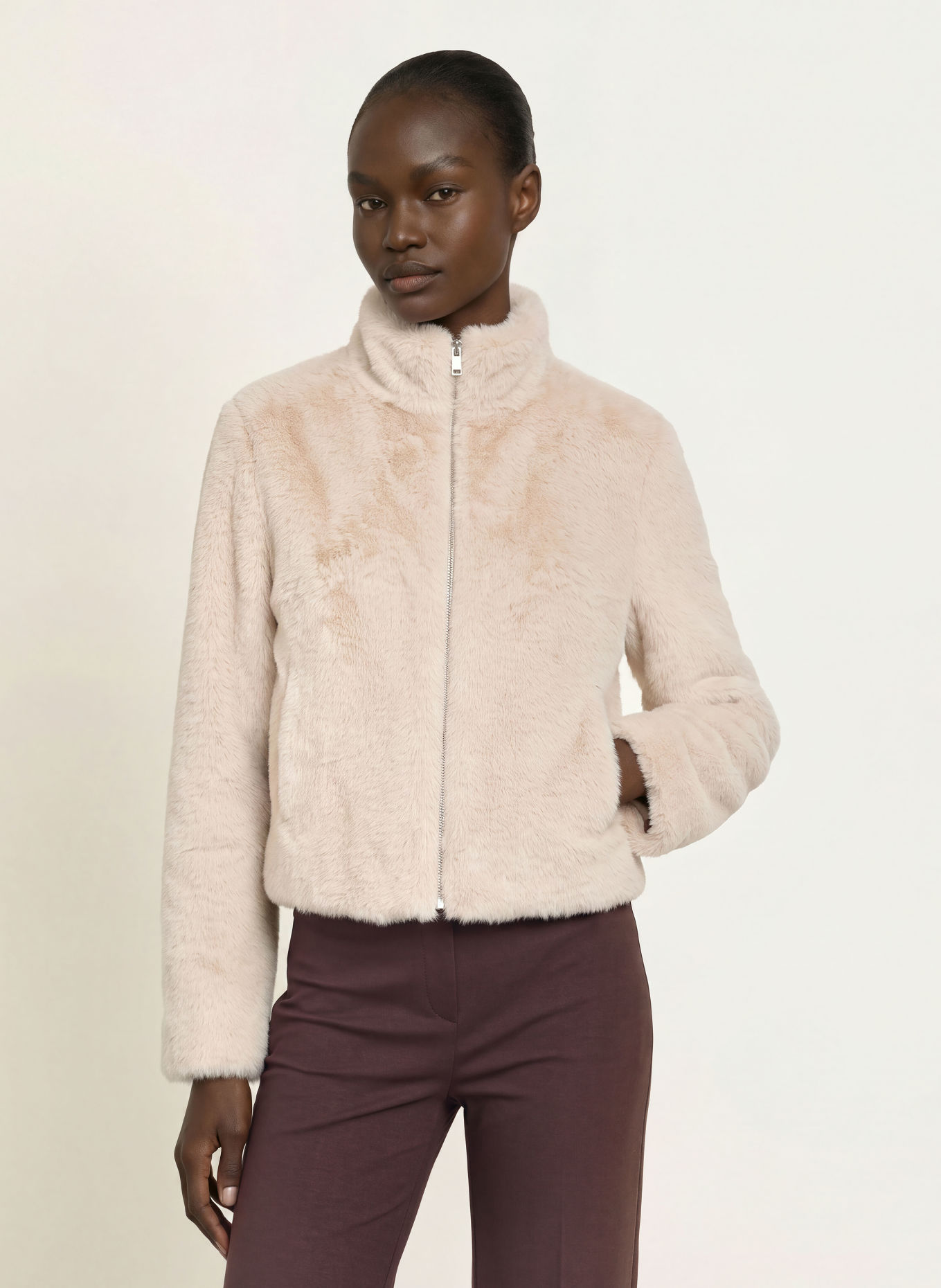 MARC CAIN Faux Fur Jacket: 646 warm stone