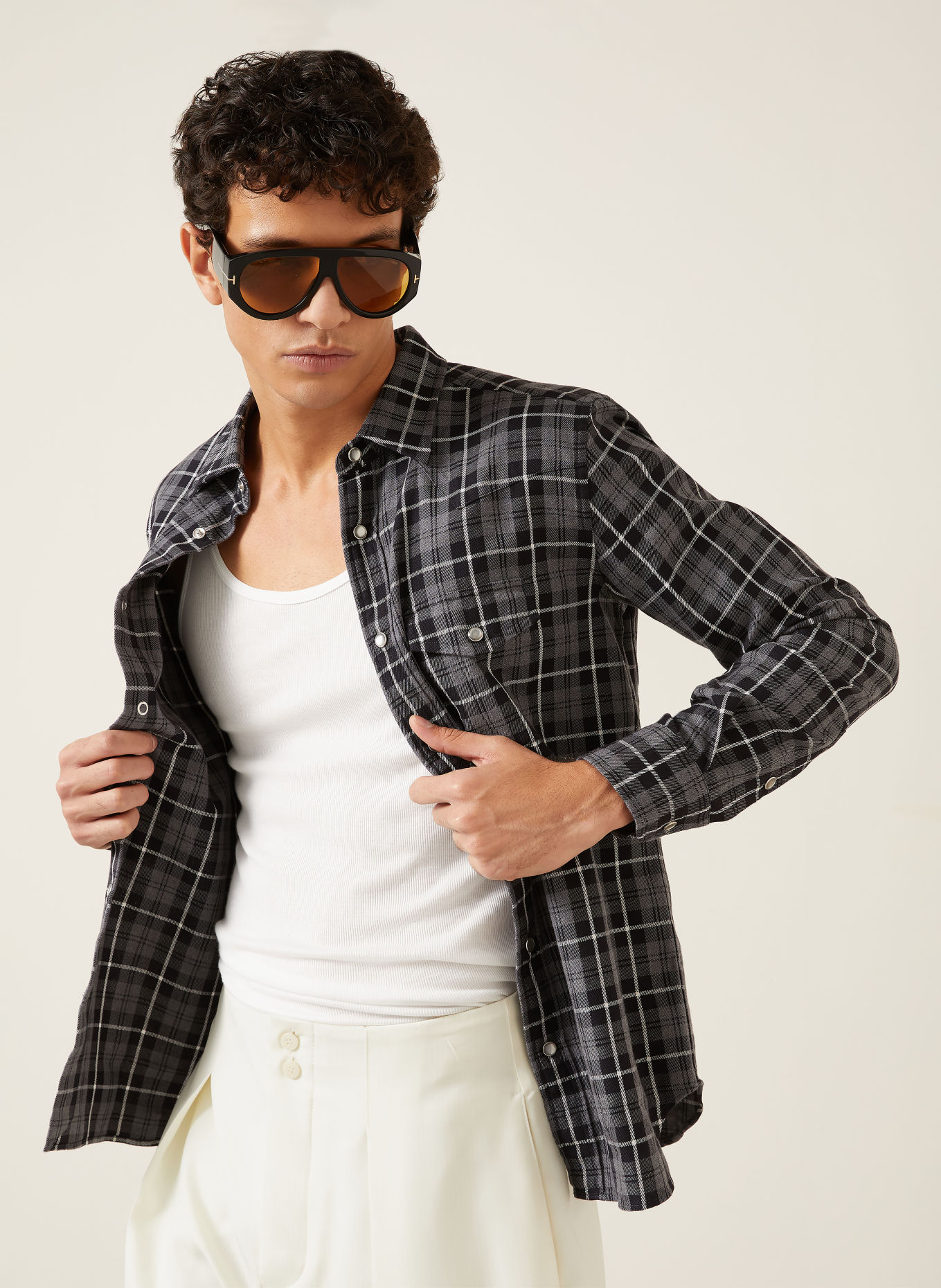 TOM FORD Košile Slim Fit: ŠEDÁ / BÍLÁ / ČERNÁ