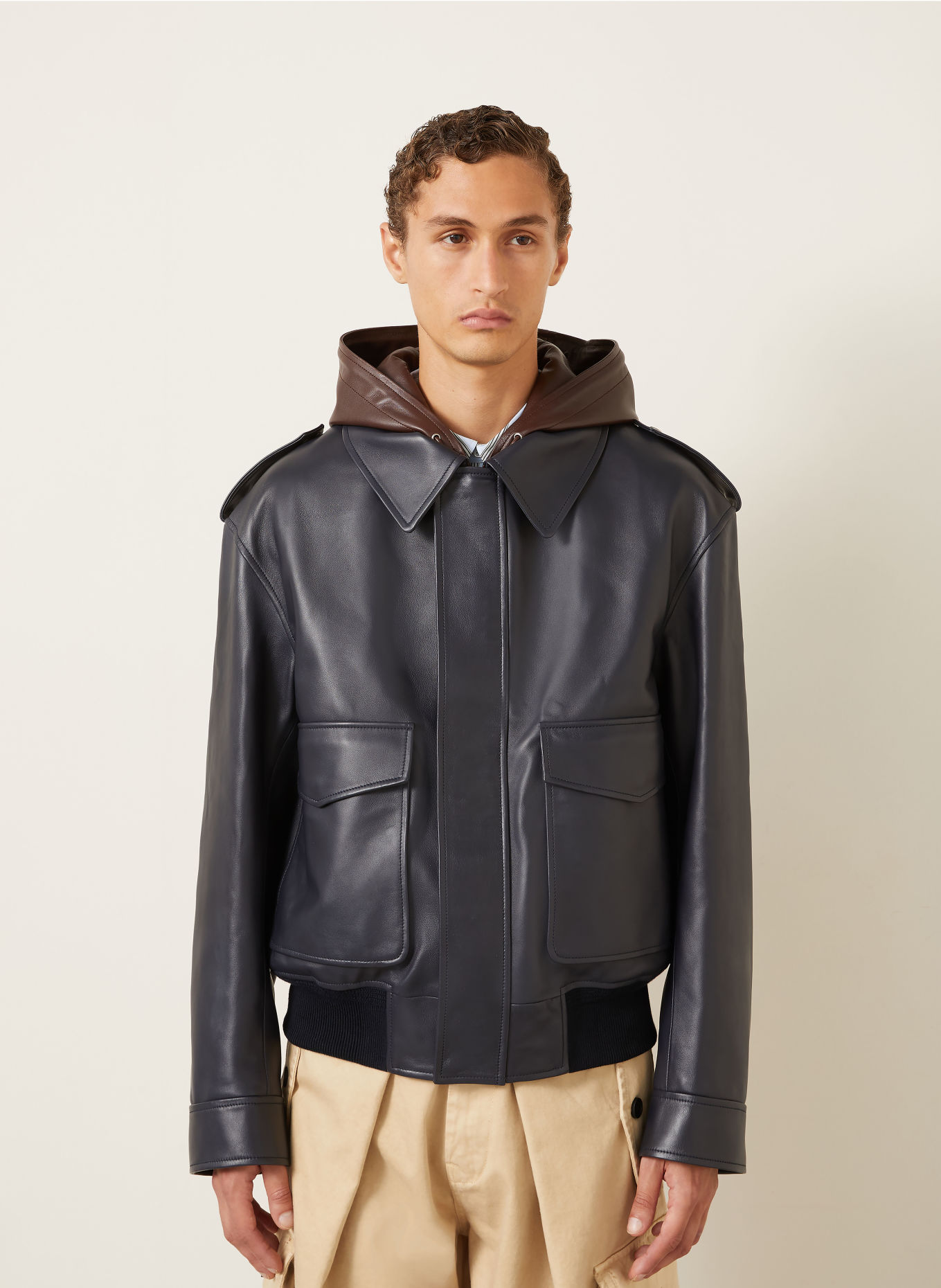 LOEWE Leren blouson met bies: DONKERBLAUW / MARRON FONCÉ