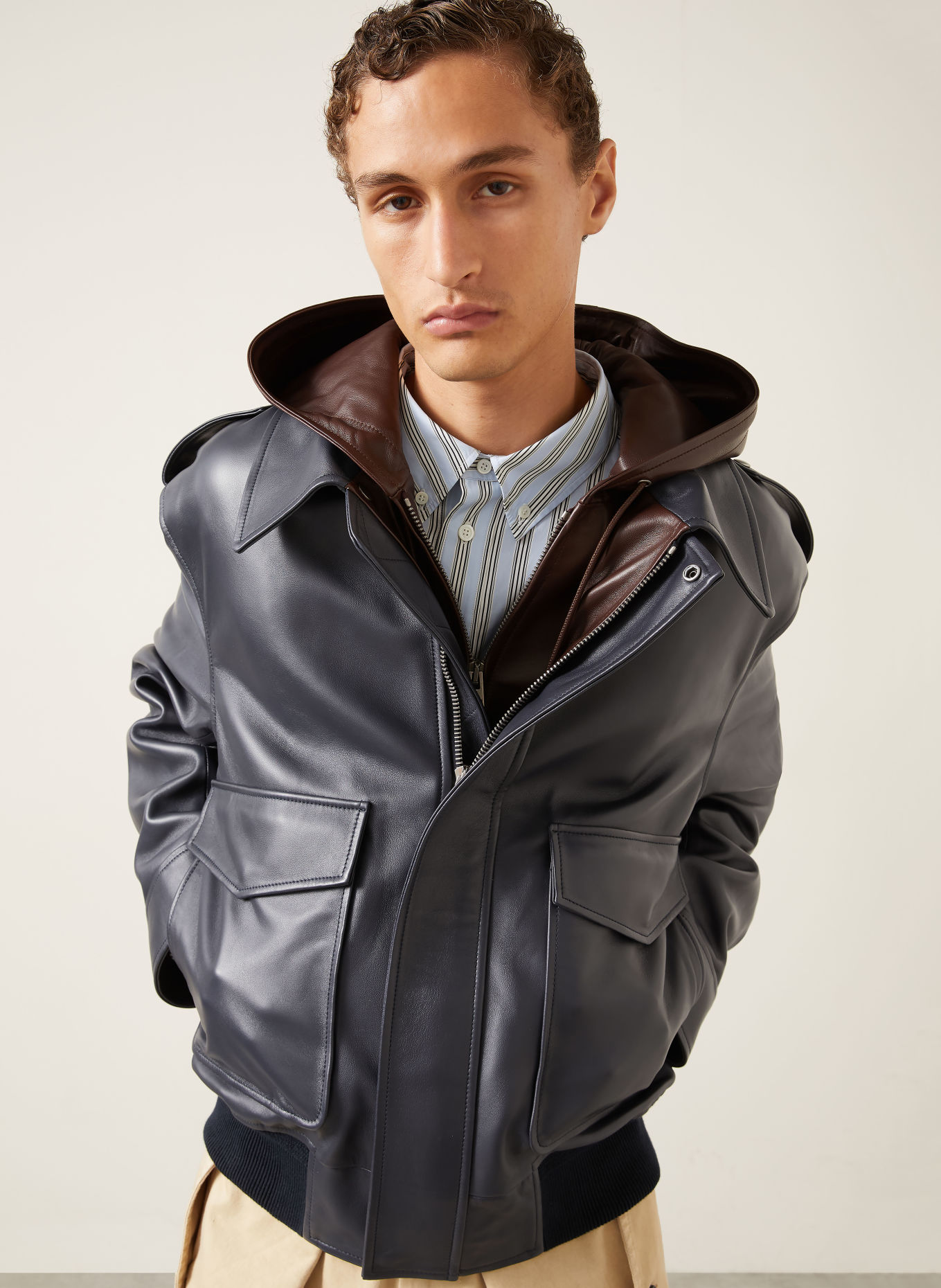 LOEWE Leren blouson met bies: DONKERBLAUW / MARRON FONCÉ