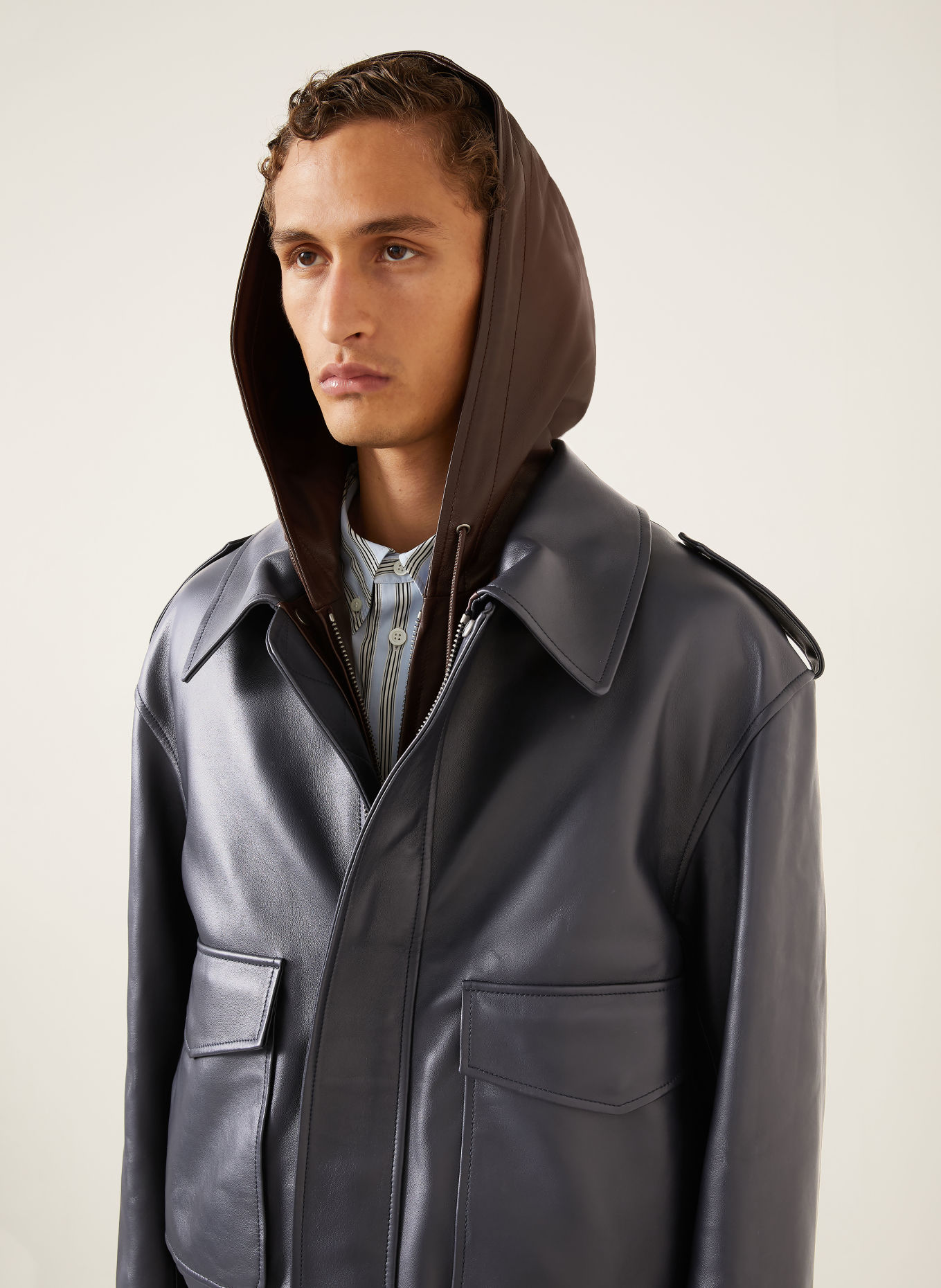 LOEWE Leren blouson met bies: DONKERBLAUW / MARRON FONCÉ