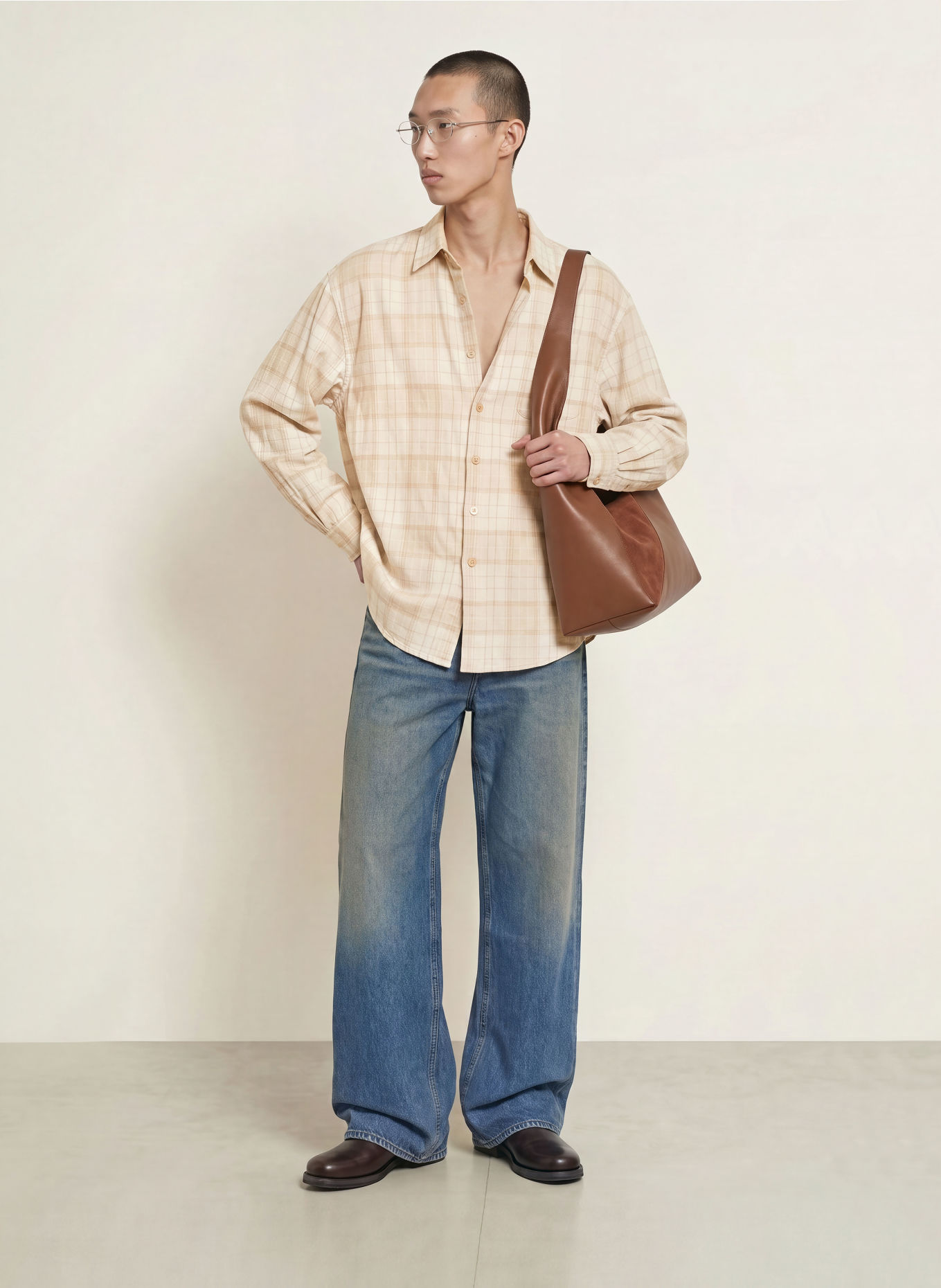 OUR LEGACY Comfort Fit Flannel Shirt: LIGHT GRAY / BEIGE / GRAY