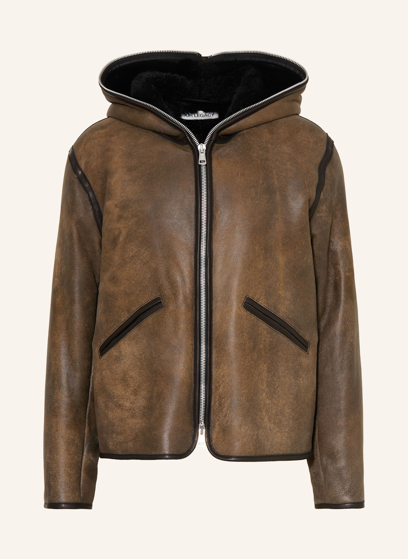 OUR LEGACY Leather jacket with faux fur: BROWN / DARK BROWN