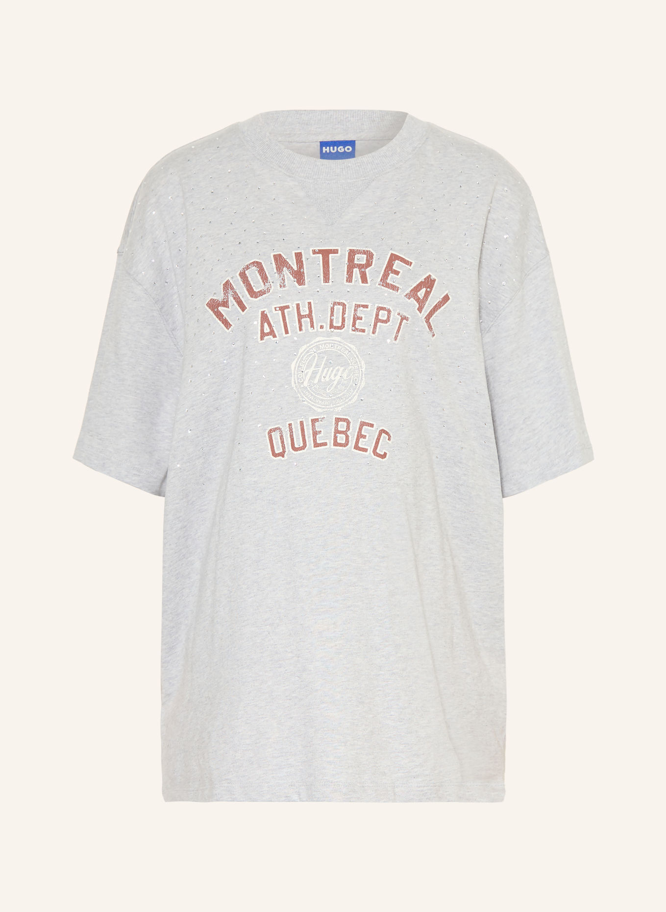 HUGO T-shirt oversize DAVELEY orné de pierres décoratives: GRIS CLAIR / MARRON / ÉCRU