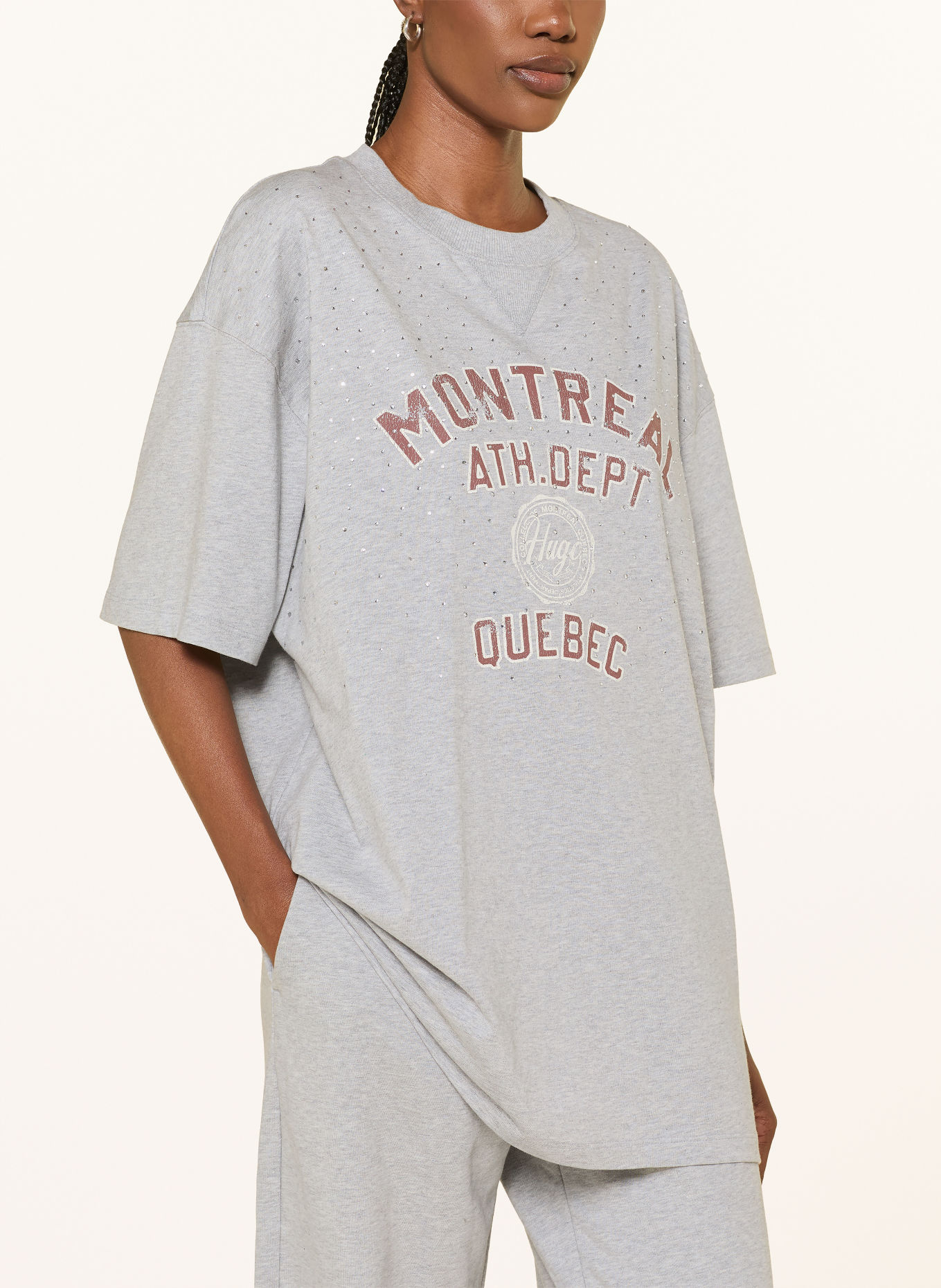 HUGO T-shirt oversize DAVELEY orné de pierres décoratives: GRIS CLAIR / MARRON / ÉCRU