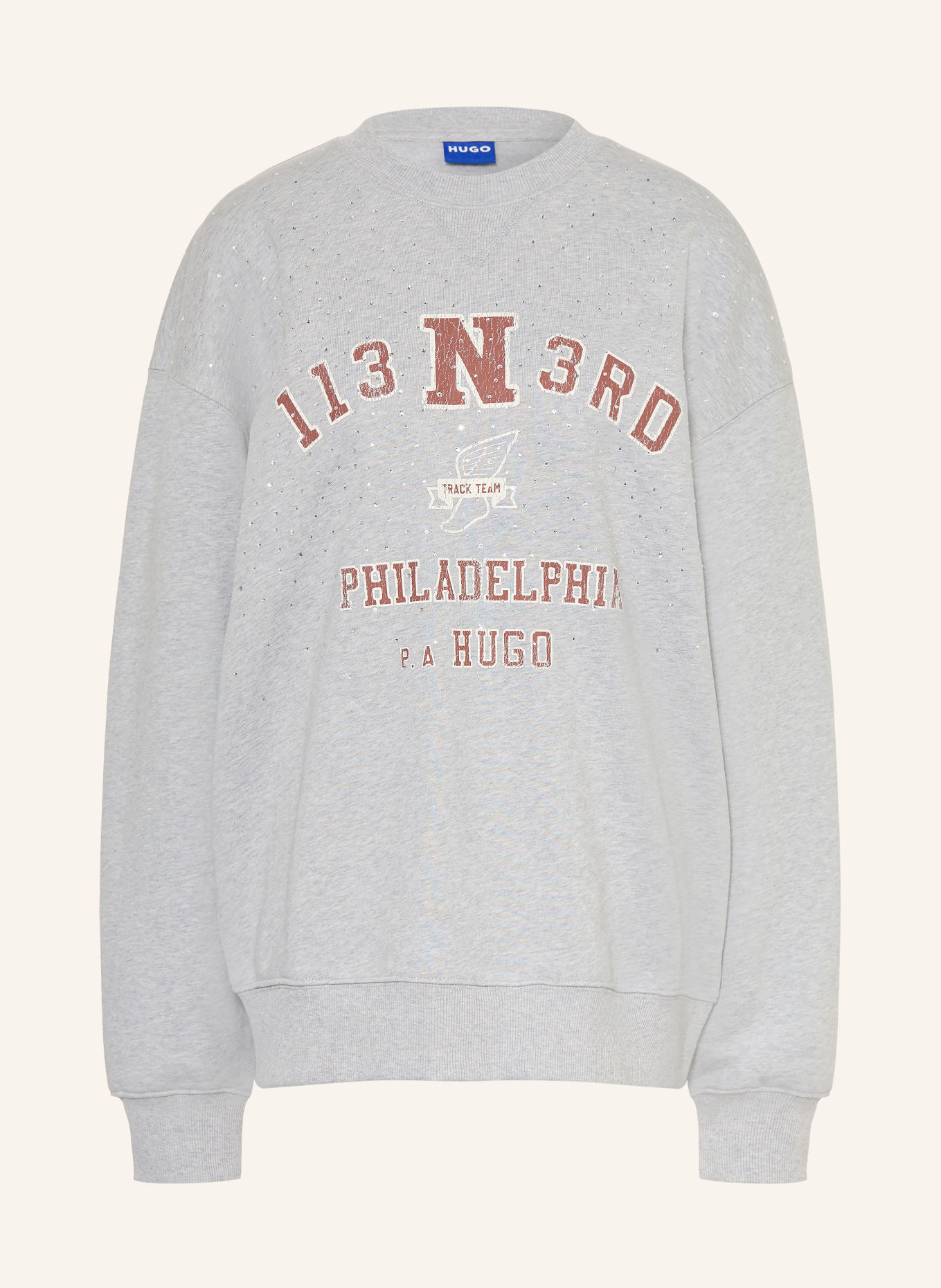 HUGO Sweatshirt oversize DOSTHWAITE orné de pierres décoratives: GRIS CLAIR / MARRON / ÉCRU