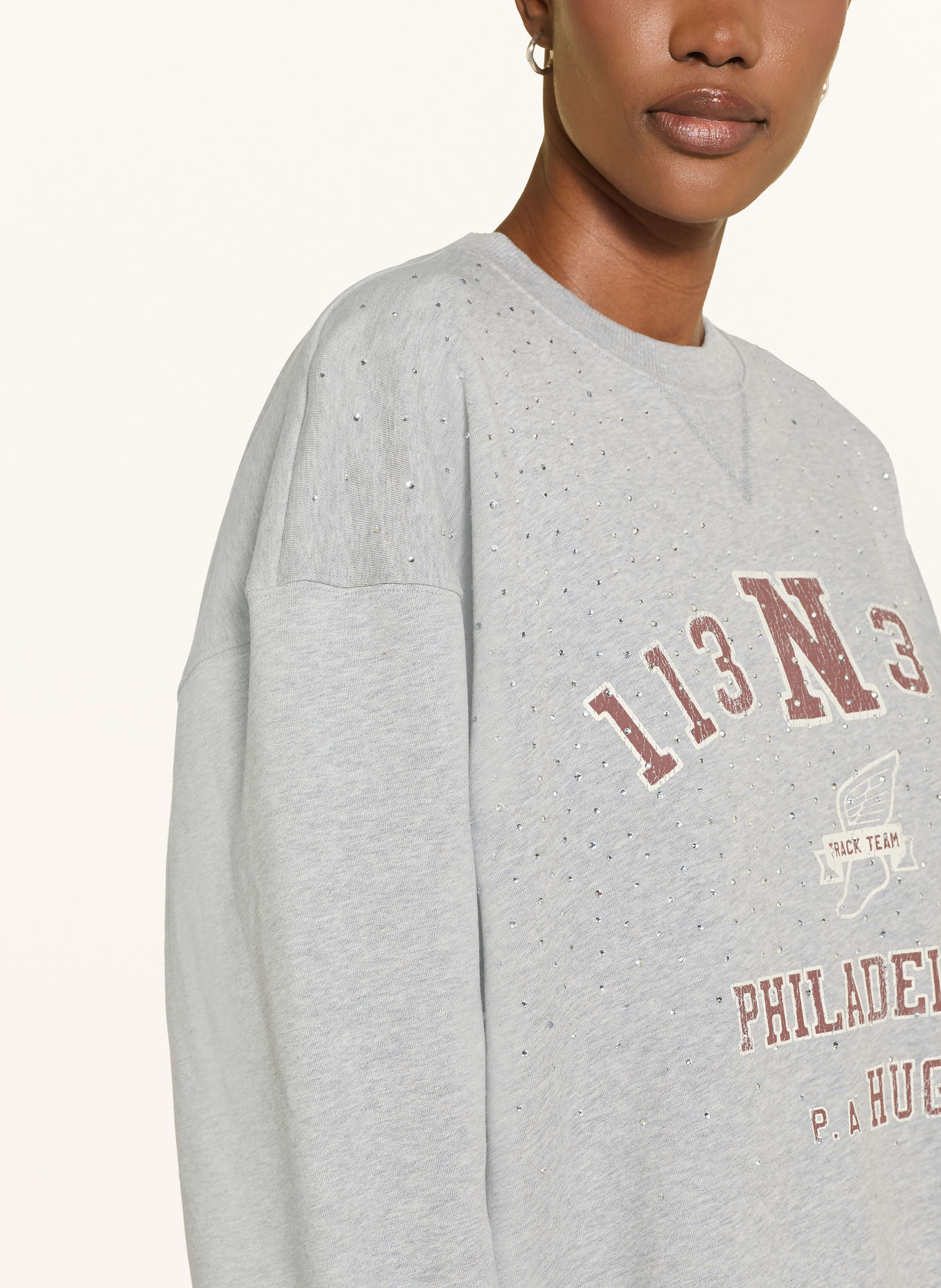 HUGO Sweatshirt oversize DOSTHWAITE orné de pierres décoratives: GRIS CLAIR / MARRON / ÉCRU