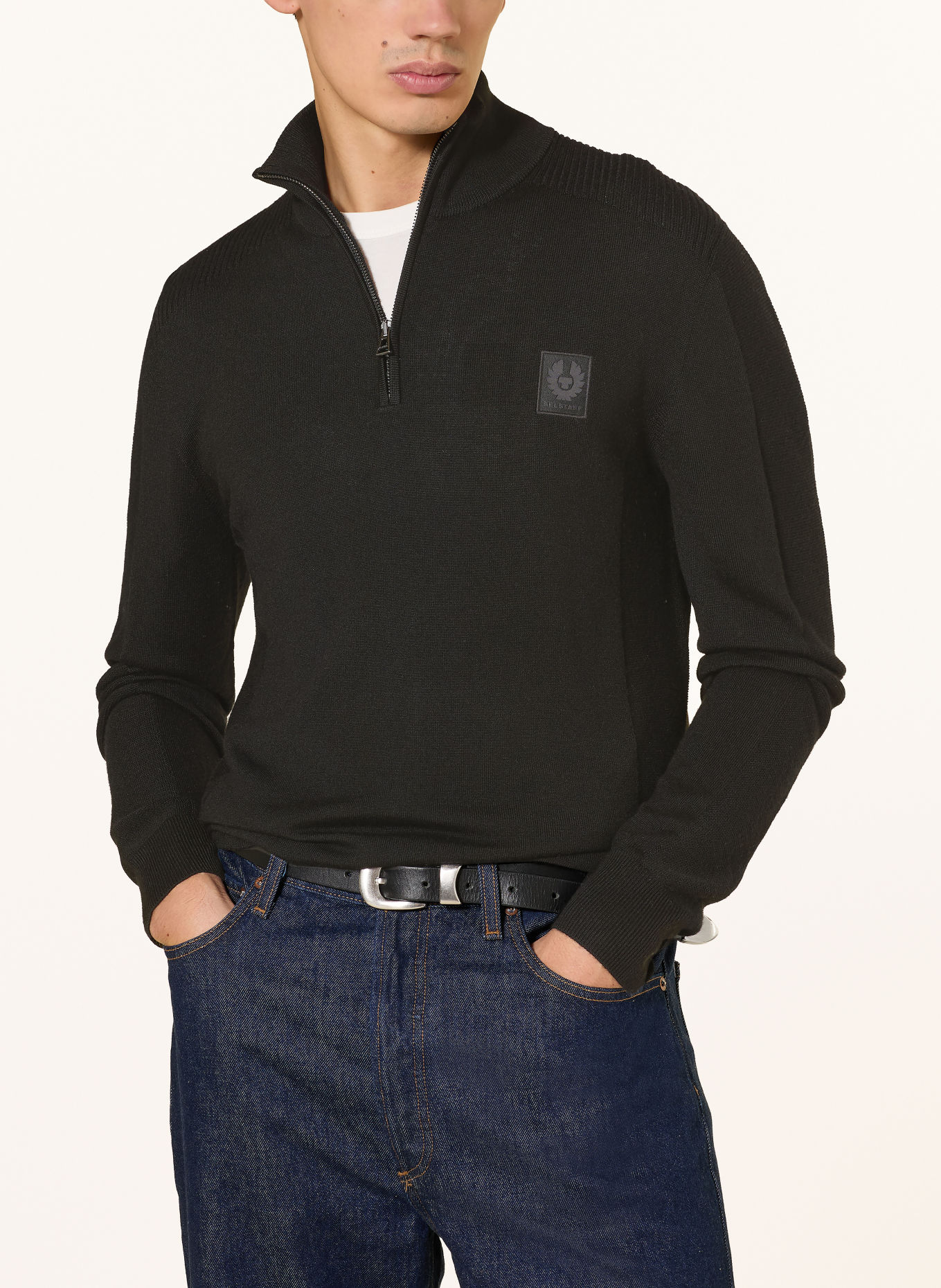 BELSTAFF Pull col zippé COLDEN en laine mérinos: NOIR