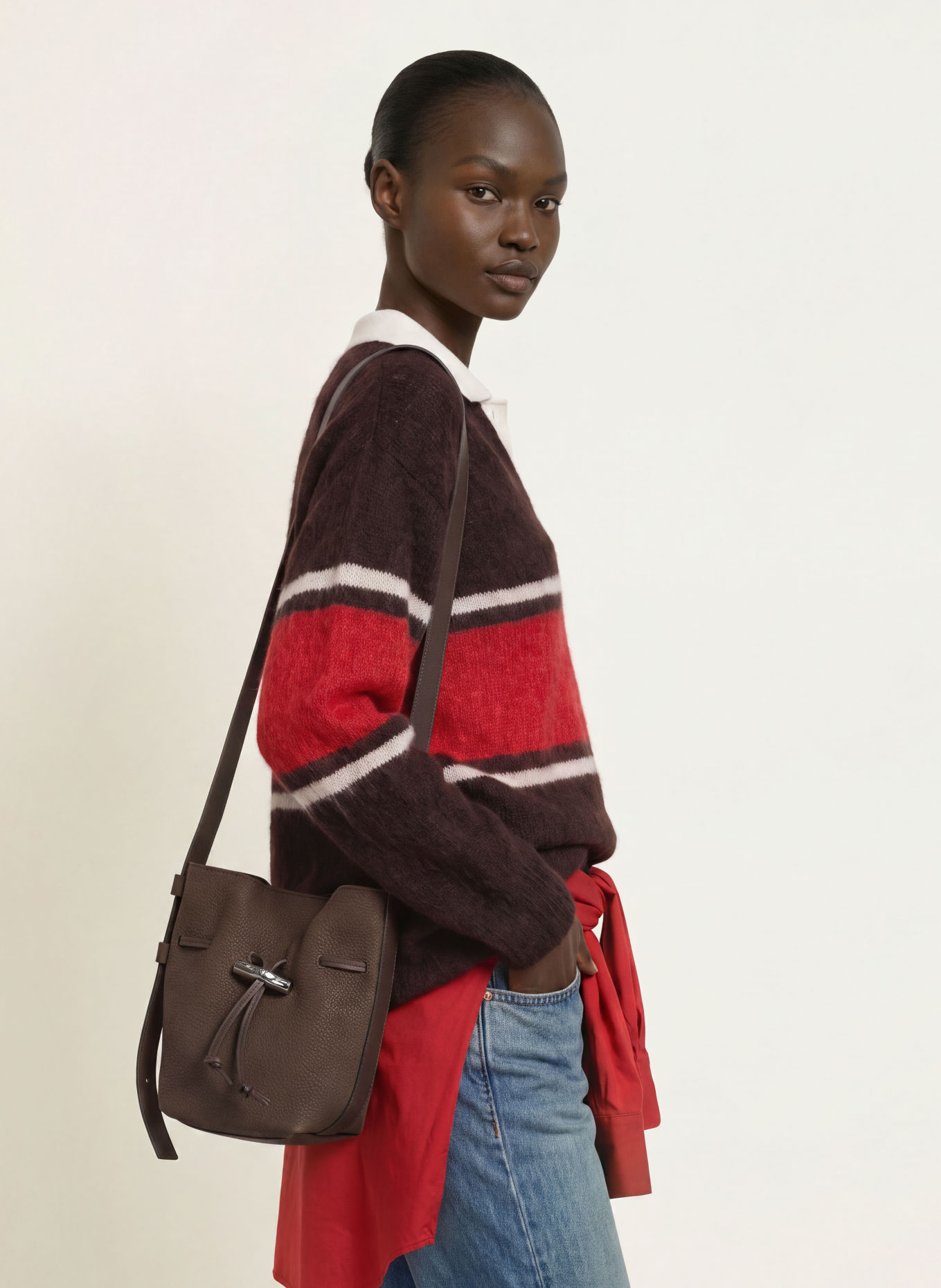 LONGCHAMP LE ROSEAU SMALL Bucket Bag: DARK BROWN / SILVER