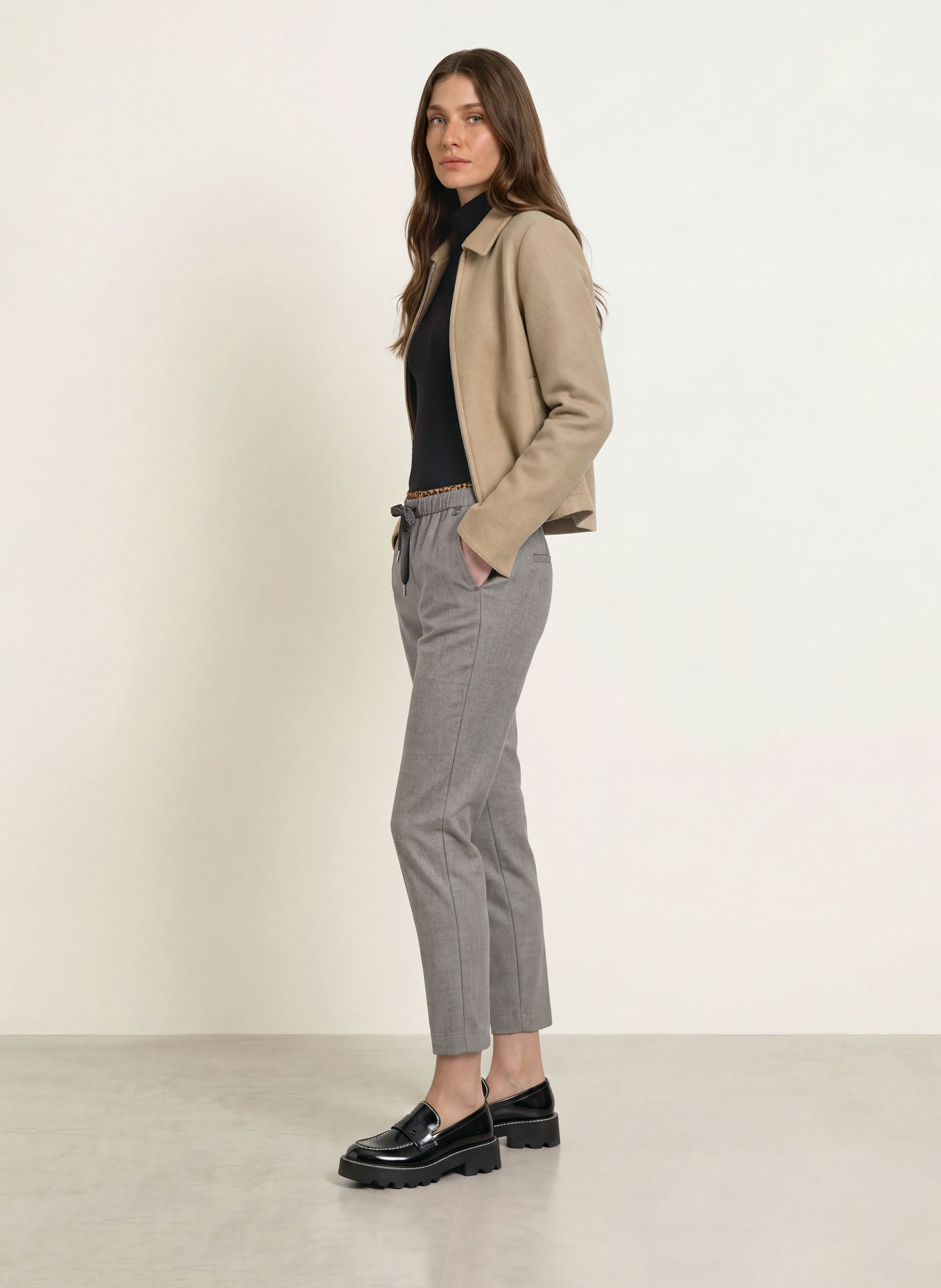 MARC CAIN Flanellen broek RHODOS in joggingstijl: 662 driftwood