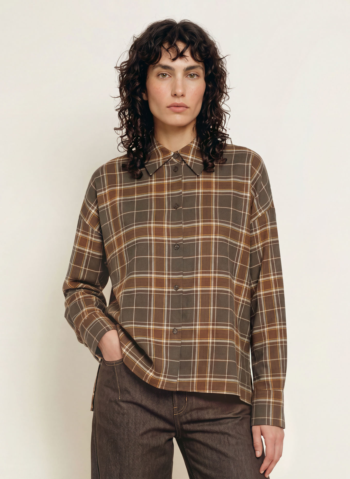 DRYKORN Skjortebluse CLOELIA: BRUN / LYSEBRUN / KHAKI