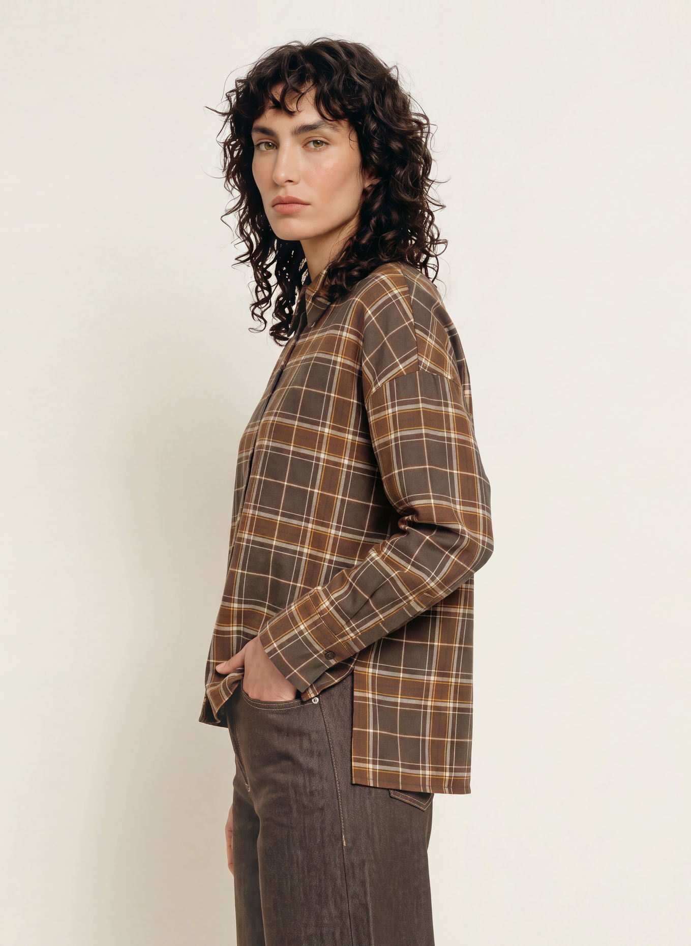 DRYKORN Skjortebluse CLOELIA: BRUN / LYSEBRUN / KHAKI