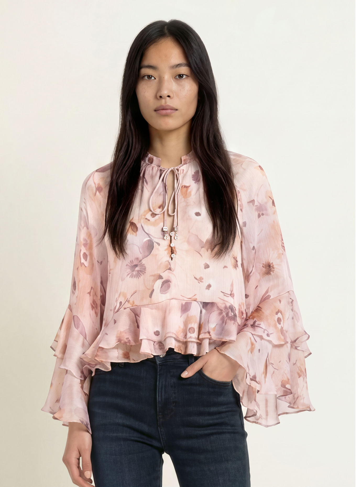 GUESS Chemisier NICOLE à volants: ROSÉ / MARRON / LILAS