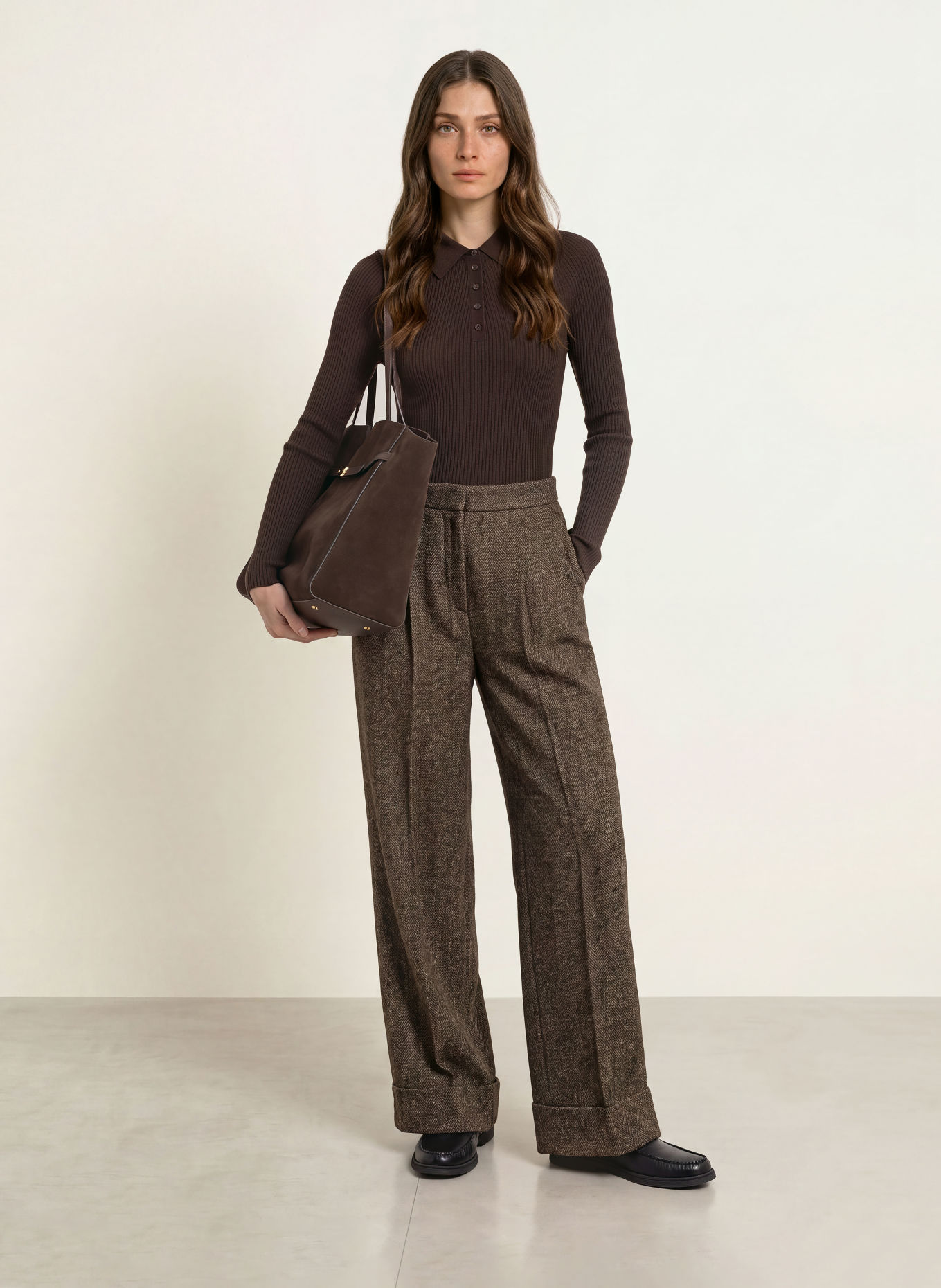 BOSS Gebreid poloshirt FAELINA: MARRON FONCÉ
