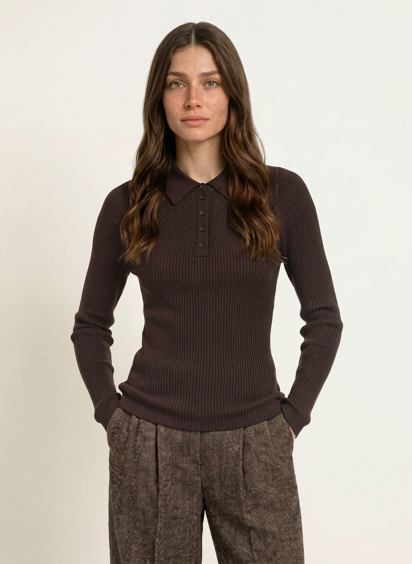 BOSS Gebreid poloshirt FAELINA: MARRON FONCÉ