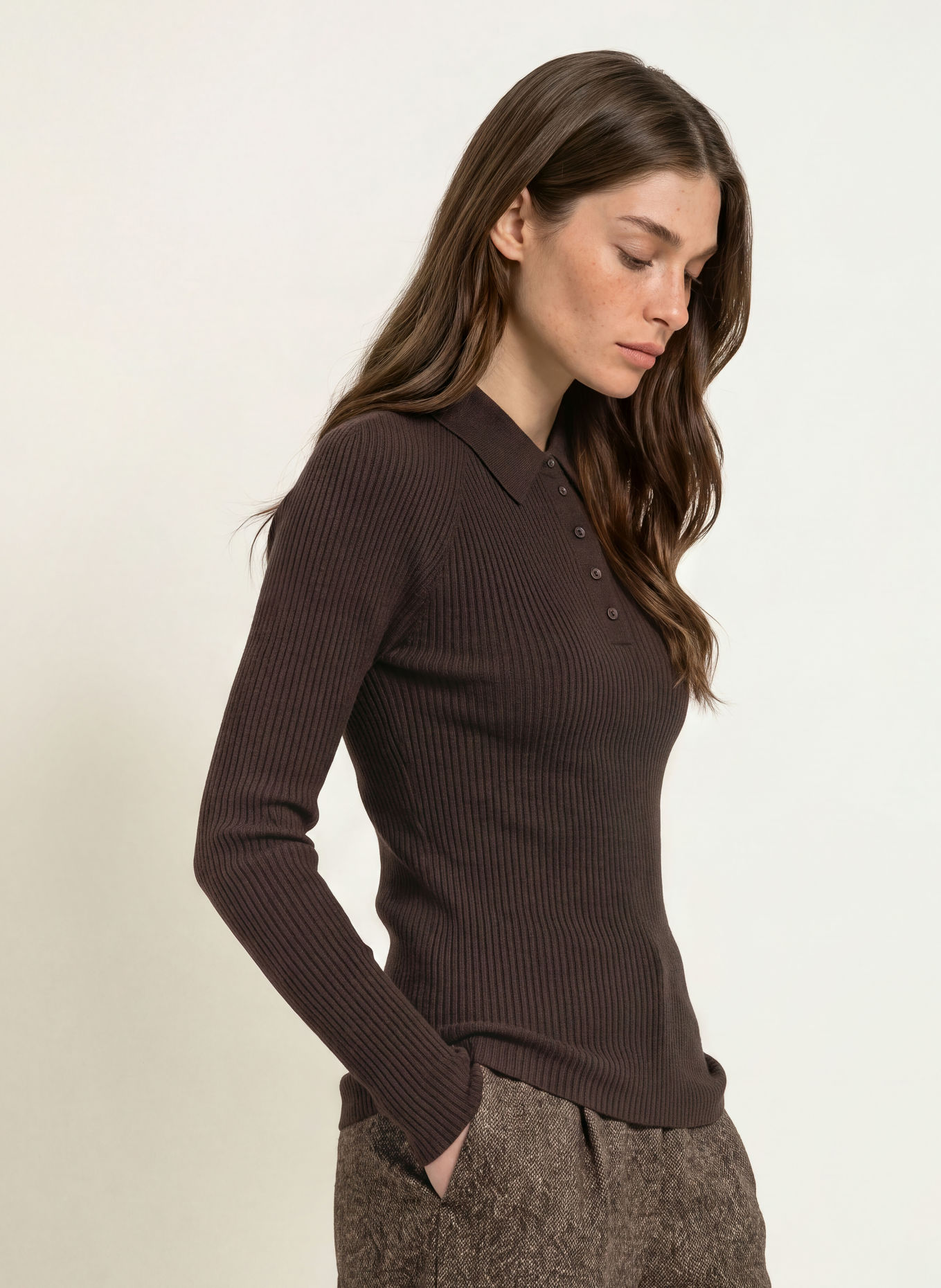 BOSS Gebreid poloshirt FAELINA: MARRON FONCÉ