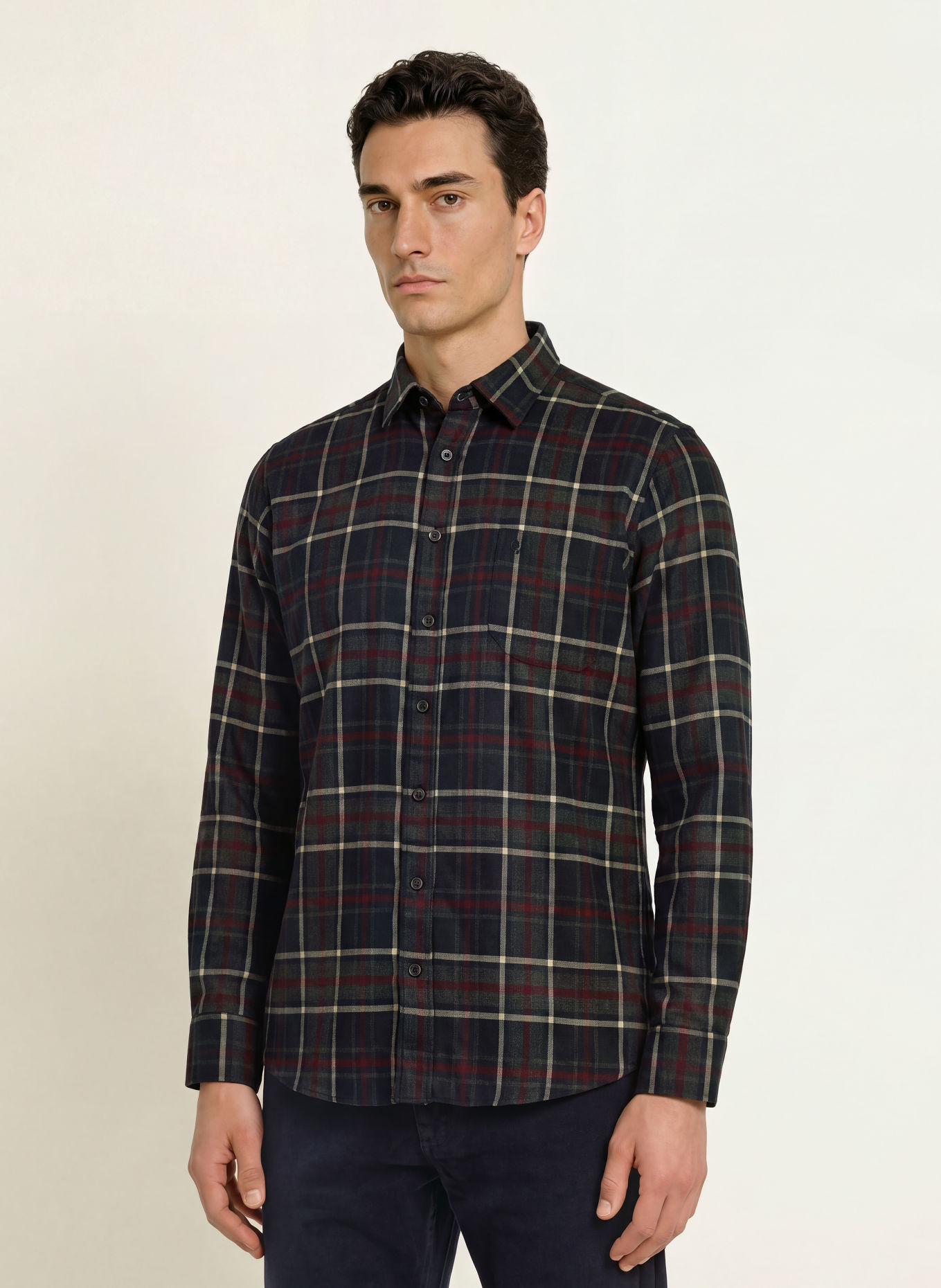 RAGMAN Regular-Fit Shirt: DARK BLUE / BEIGE / DARK RED