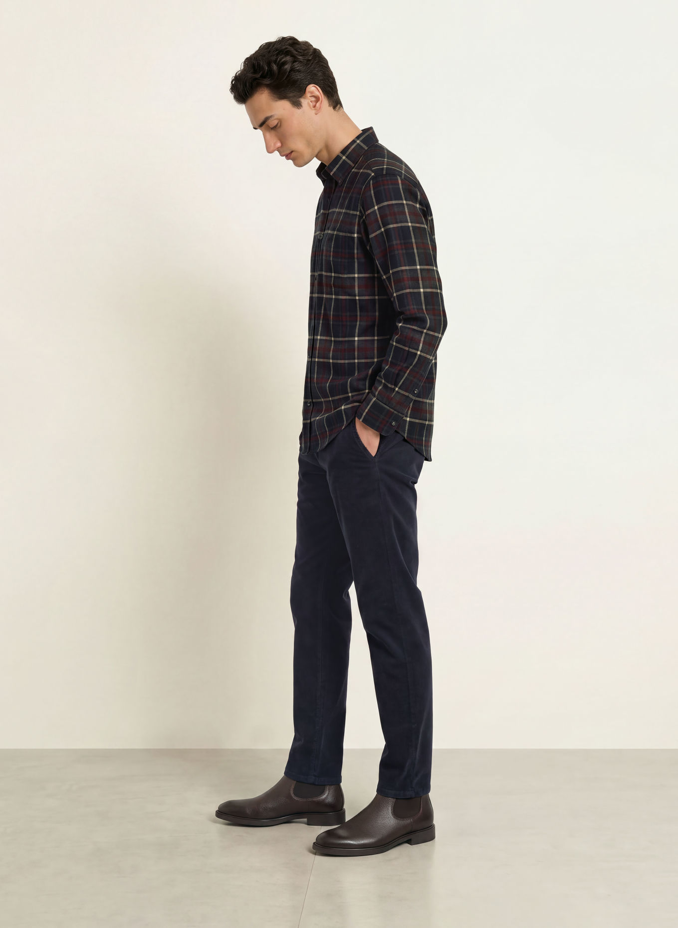 RAGMAN Regular-Fit Shirt: DARK BLUE / BEIGE / DARK RED