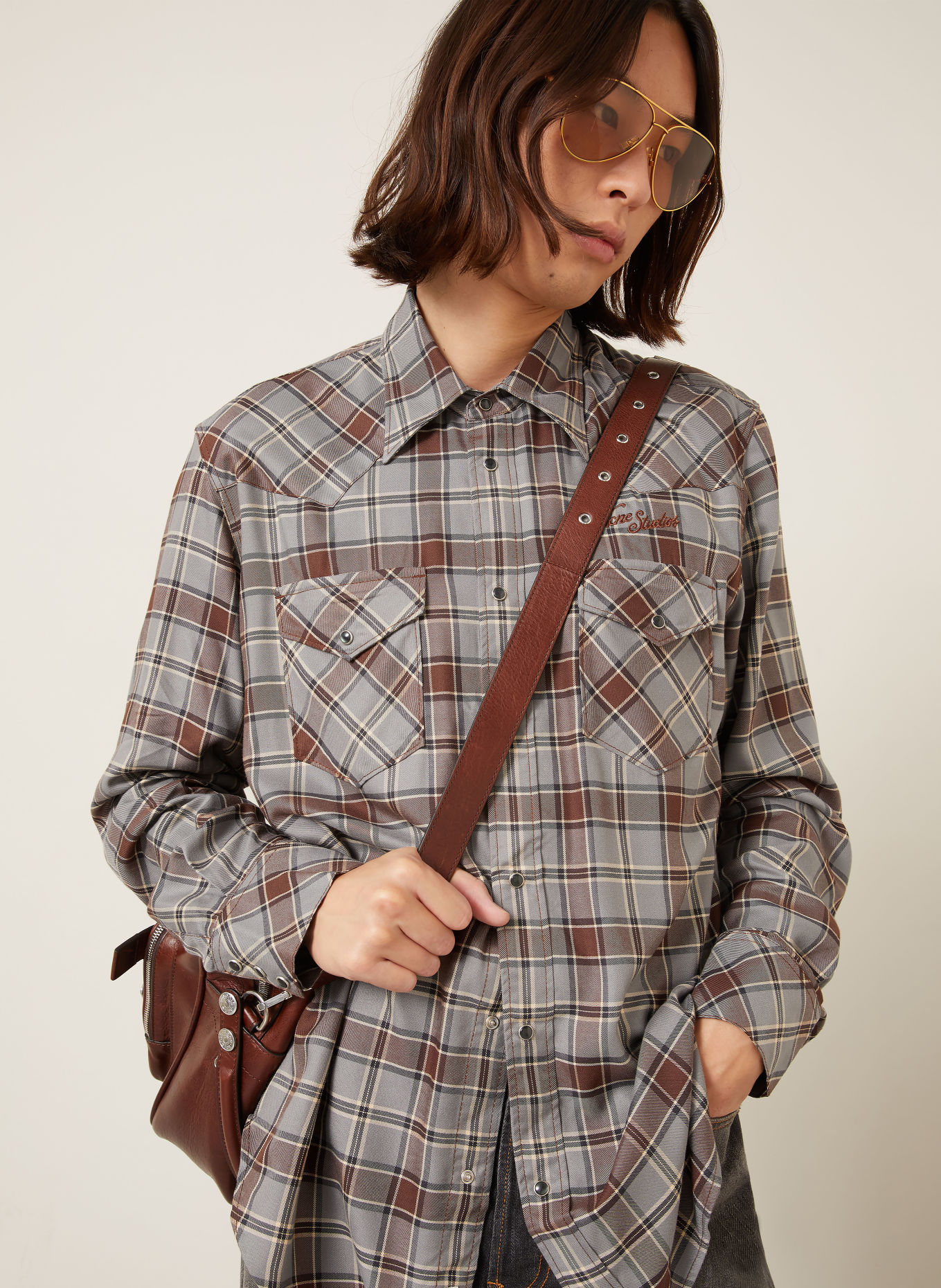 Acne Studios Hemd Comfort Fit: BLAUGRAU / DUNKELBRAUN / DUNKELBLAU