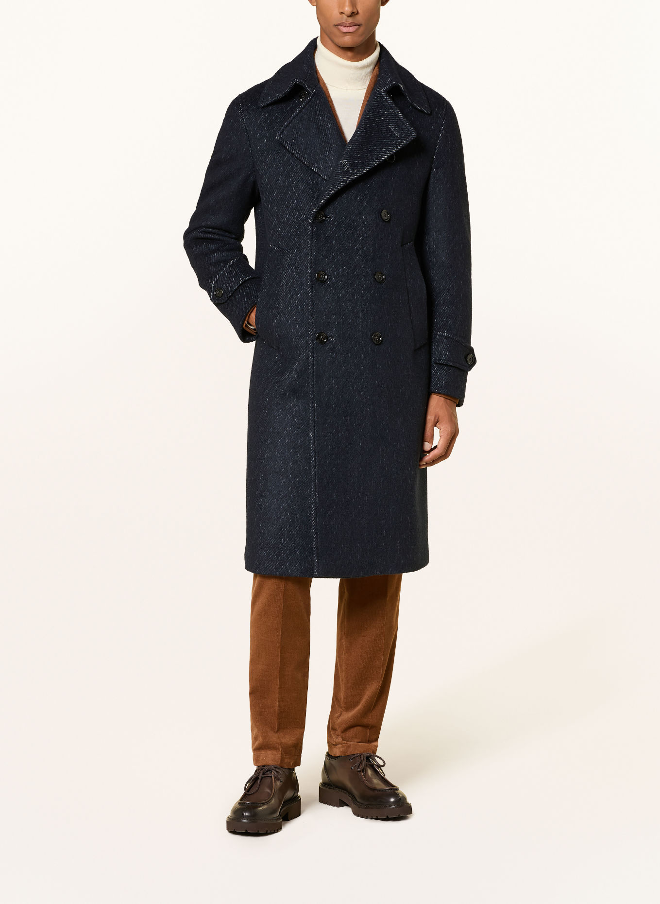windsor. MAGENTA-Mantel met kasjmier: DONKERBLAUW / GRIJS