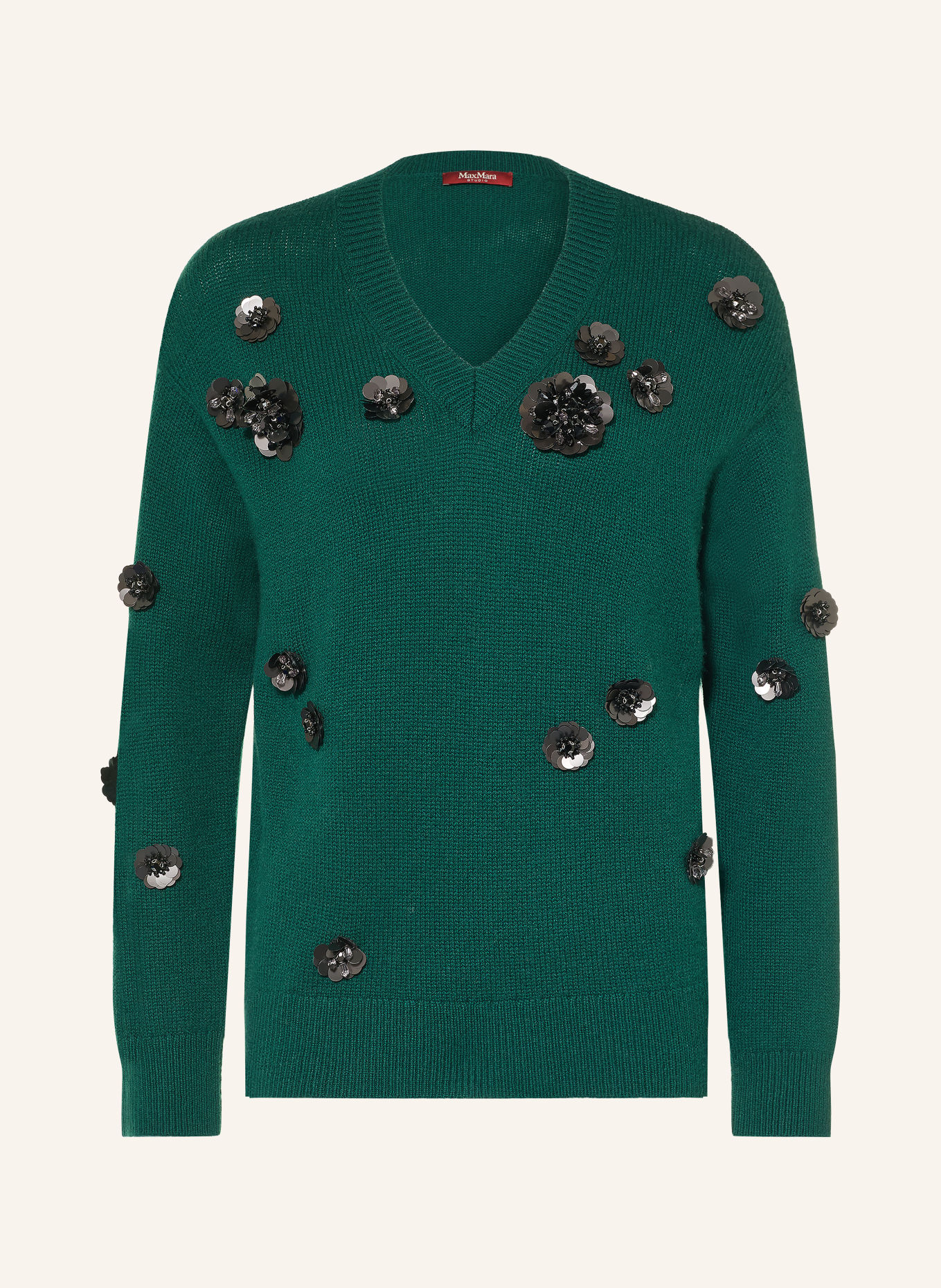 Max Mara STUDIO Pullover NIGELLA mit Pailletten und Schmucksteinen: DUNKELGRÜN / SCHWARZ