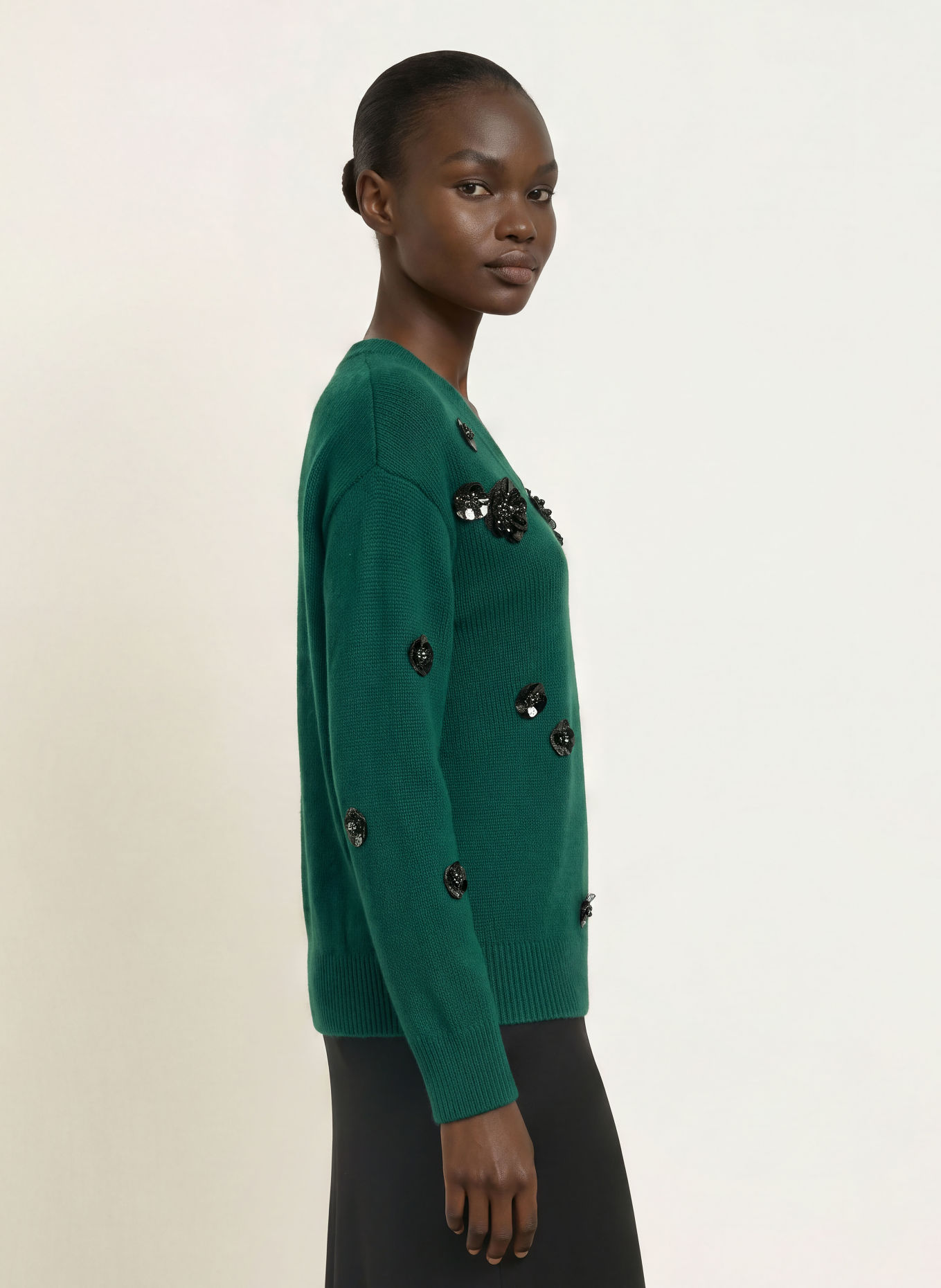 Max Mara STUDIO Pullover NIGELLA mit Pailletten und Schmucksteinen: DUNKELGRÜN / SCHWARZ