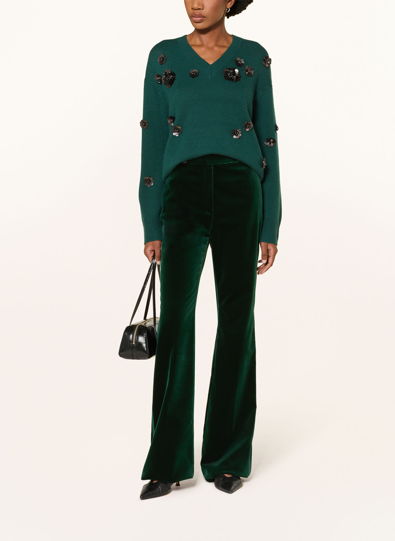 Max Mara STUDIO Marlenehose OSCURI aus Samt mit Galonstreifen: DUNKELGRÜN