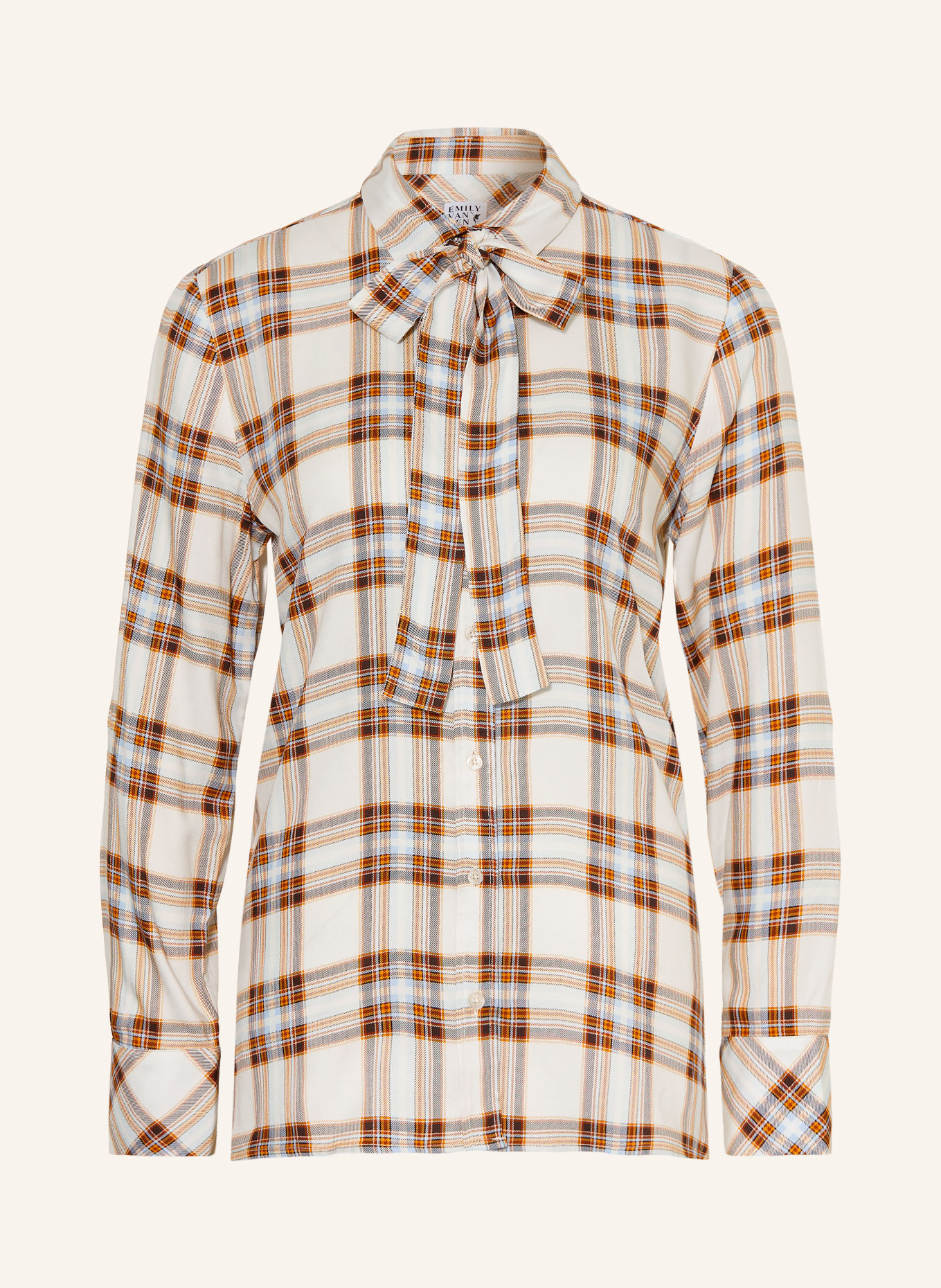 Emily VAN DEN BERGH Shirt blouse with a detachable bow tie: WHITE / COGNAC / BLUE GRAY