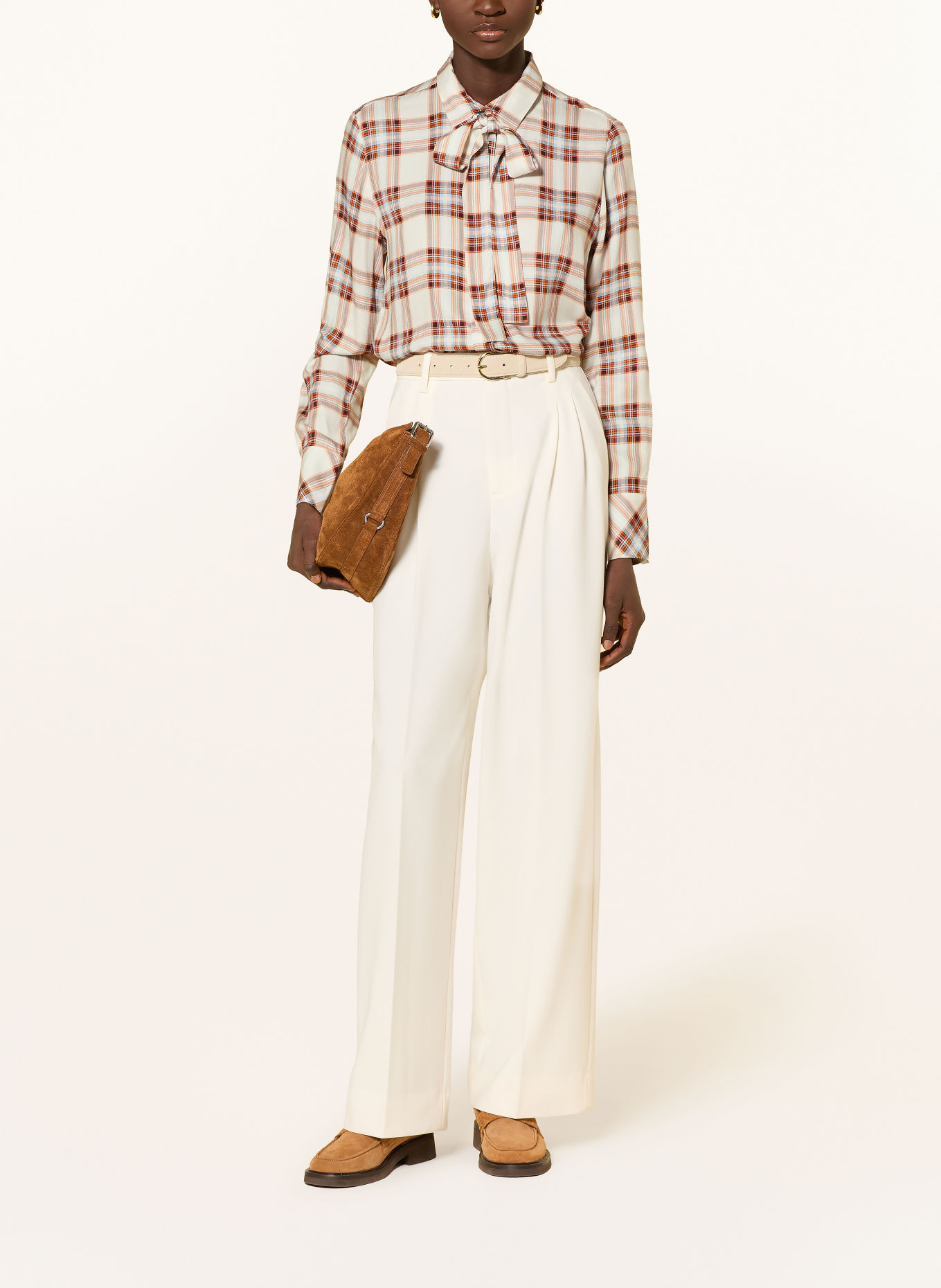 Emily VAN DEN BERGH Shirt blouse with a detachable bow tie: WHITE / COGNAC / BLUE GRAY