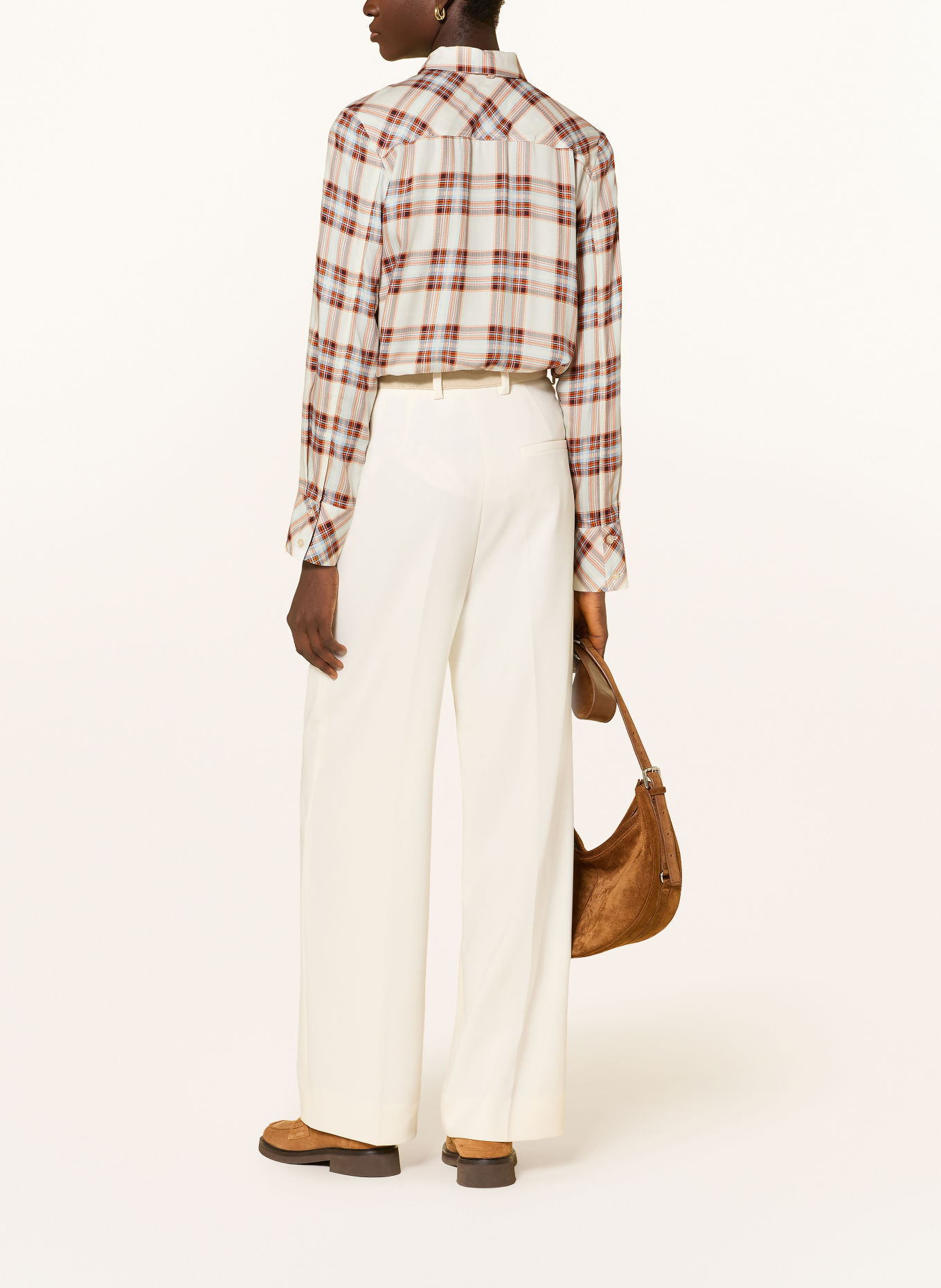 Emily VAN DEN BERGH Shirt blouse with a detachable bow tie: WHITE / COGNAC / BLUE GRAY